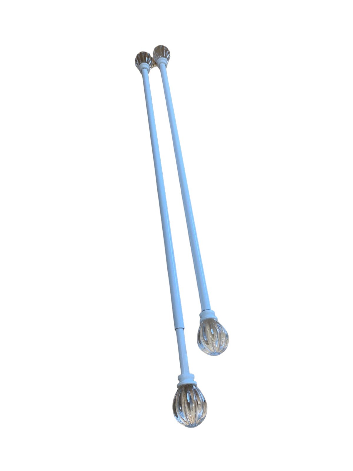 Set 2 White Metal Curtain Rods with Acrylic Cut Crystal Ball Finials to 48″