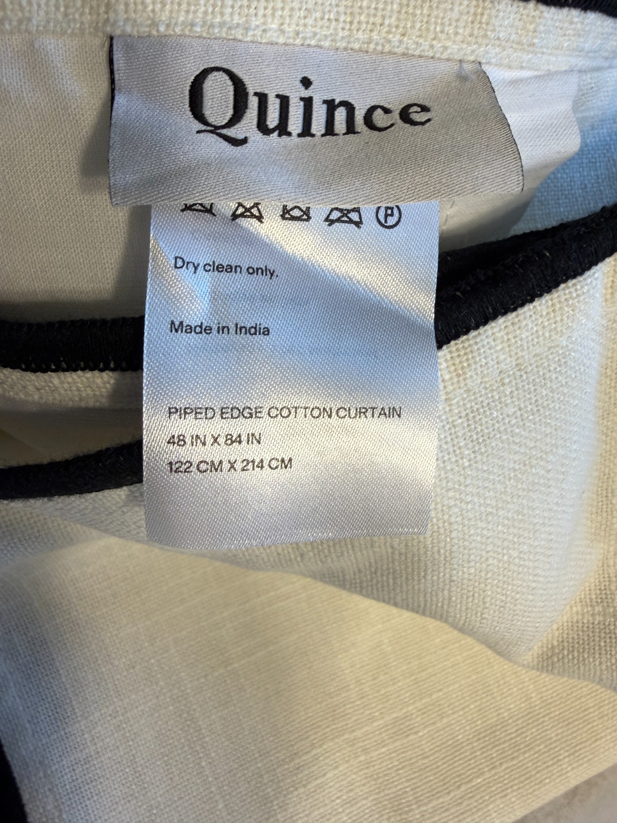 Quince Piped Edge Cotton Curtain Panel 48×84 White Black Lined Back Tab