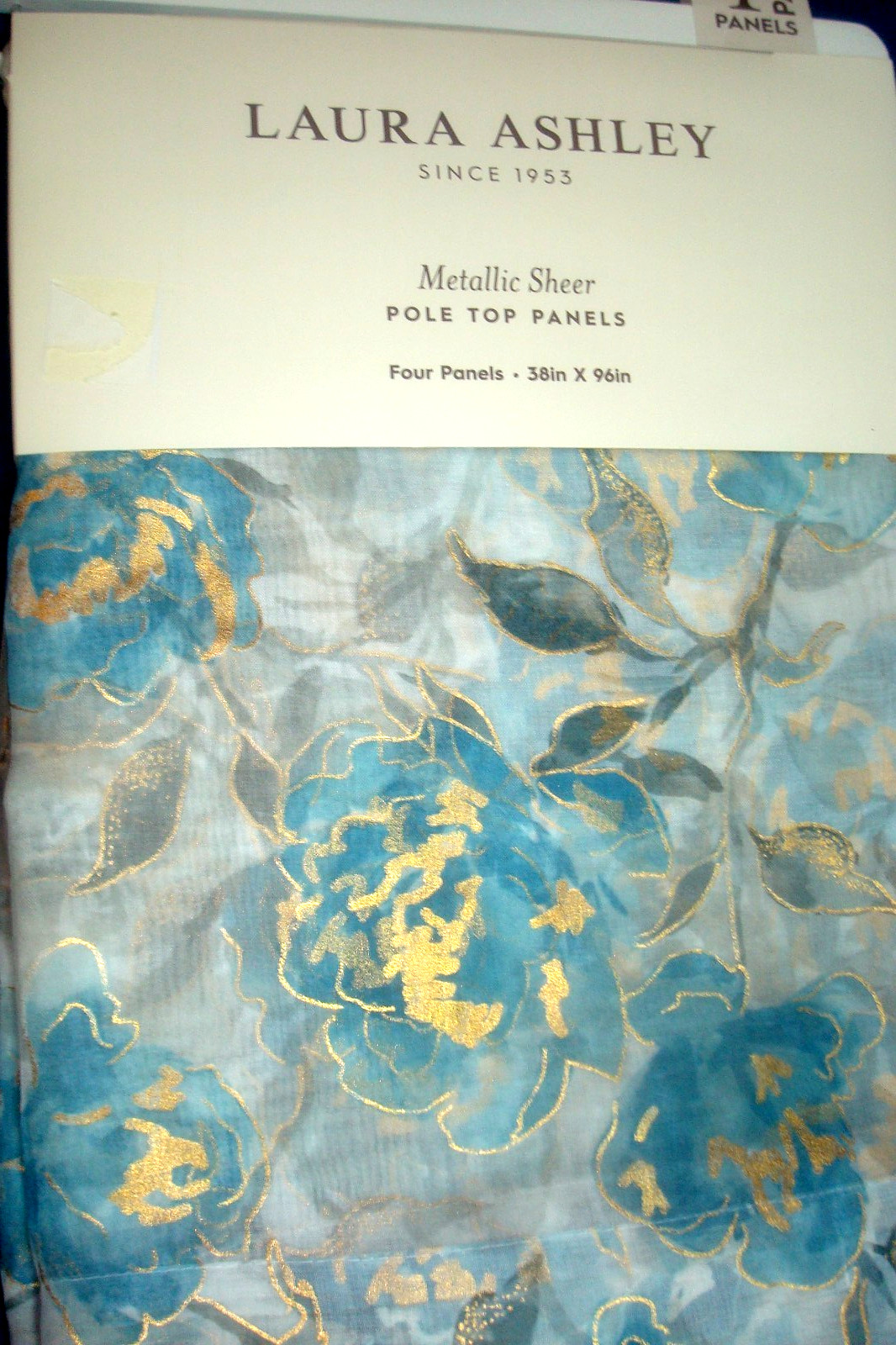NWT Laura Ashley 4 pc Curtains Metallic Floral Sheer Aqua Gold each 38 x 96″ lg