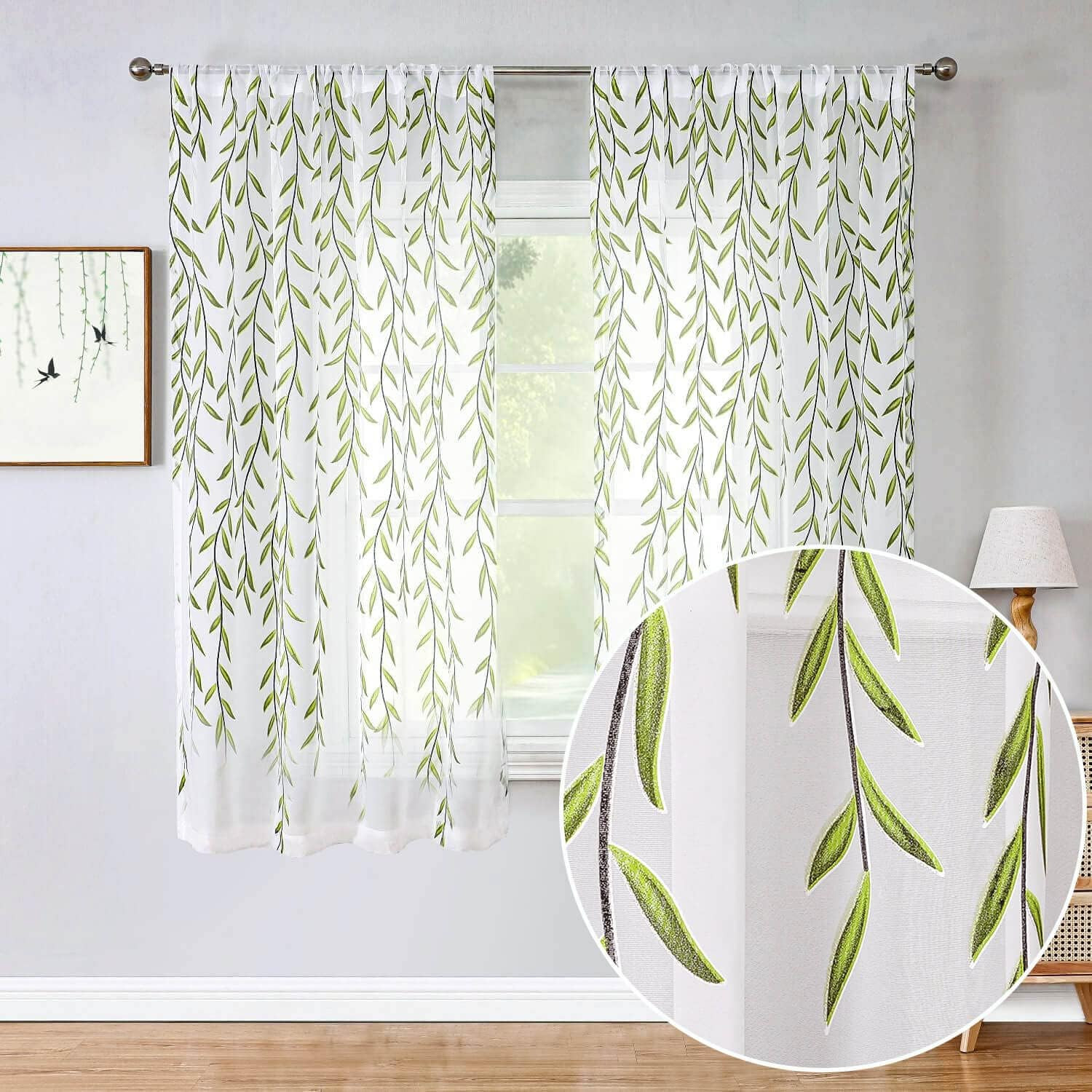 Short Sheer Curtains 2 Panel Set,Green Print Curtains Sheer Leaf Pattern White S
