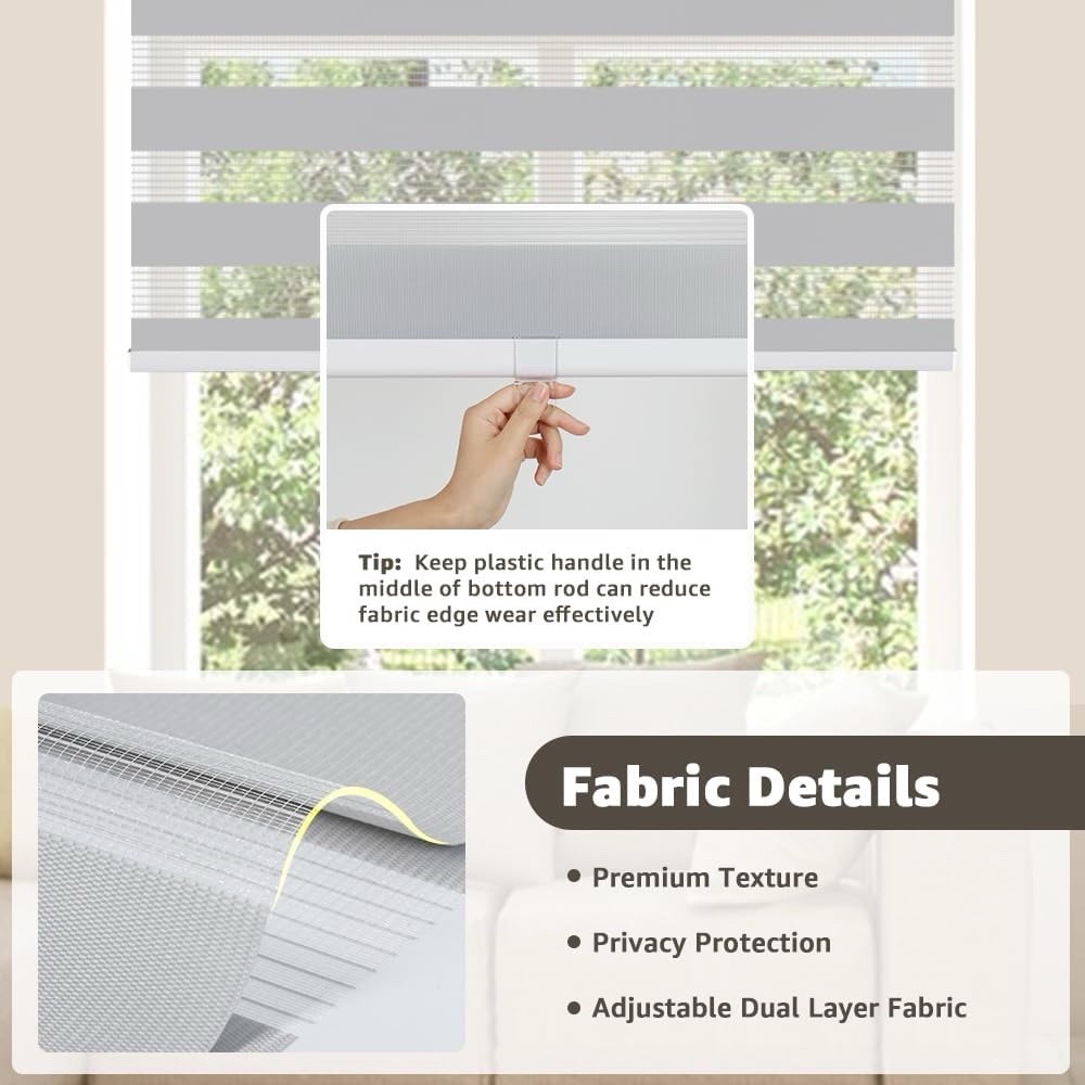 Cordless Zebra Blinds 44”x72” White Dual Layer Blackout Roller Shades Free-Stop