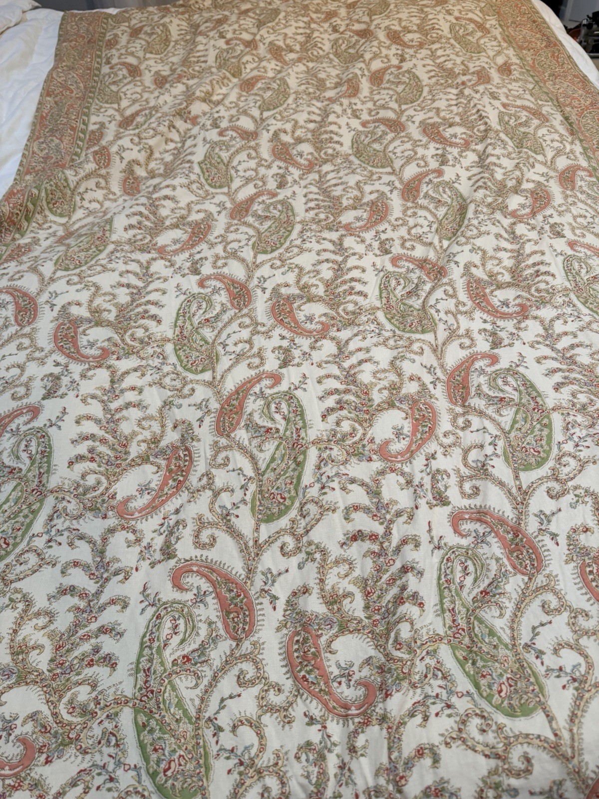 Handmade Paisley Curtain Panel Cotton tan neutral 48” x 81” green coral floral