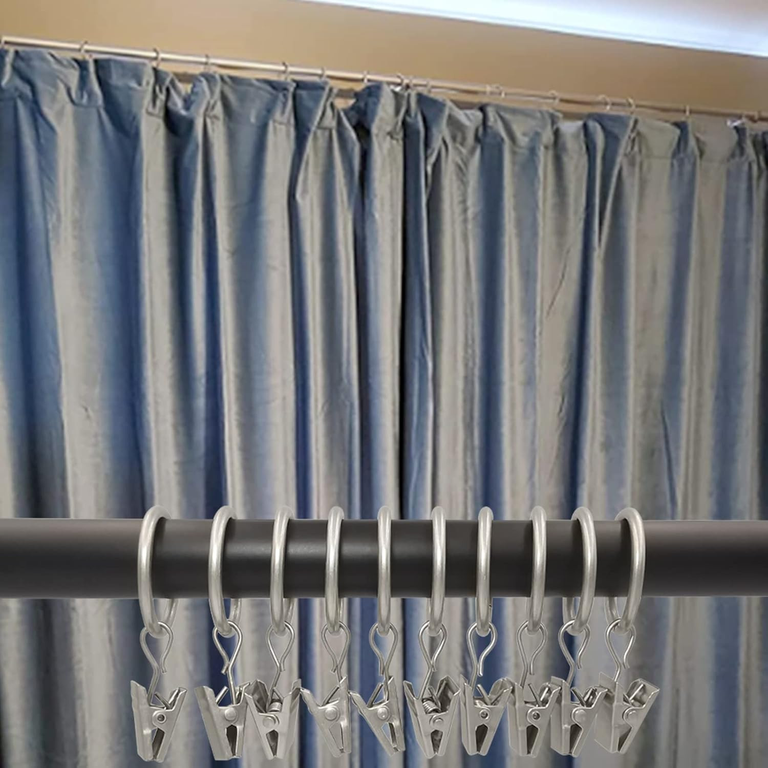 44 Pack Matte Silver Curtain Rings with Clips, Curtain Hooks Hangers Clip Rings