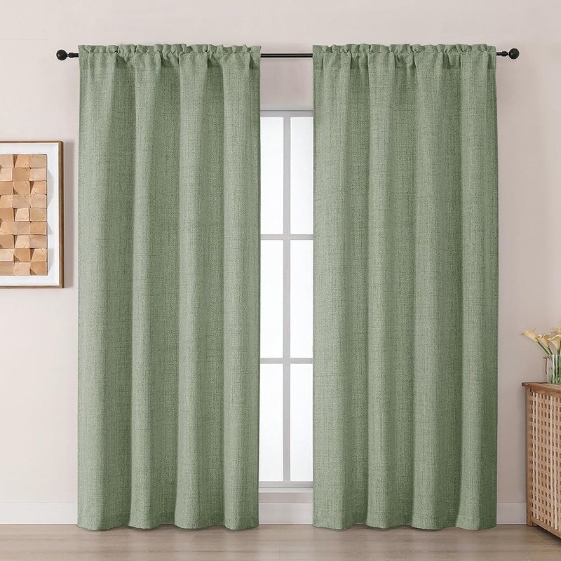 Light Filtering Faux Linen Window Curtains 2 Panels Green Machine Washable New