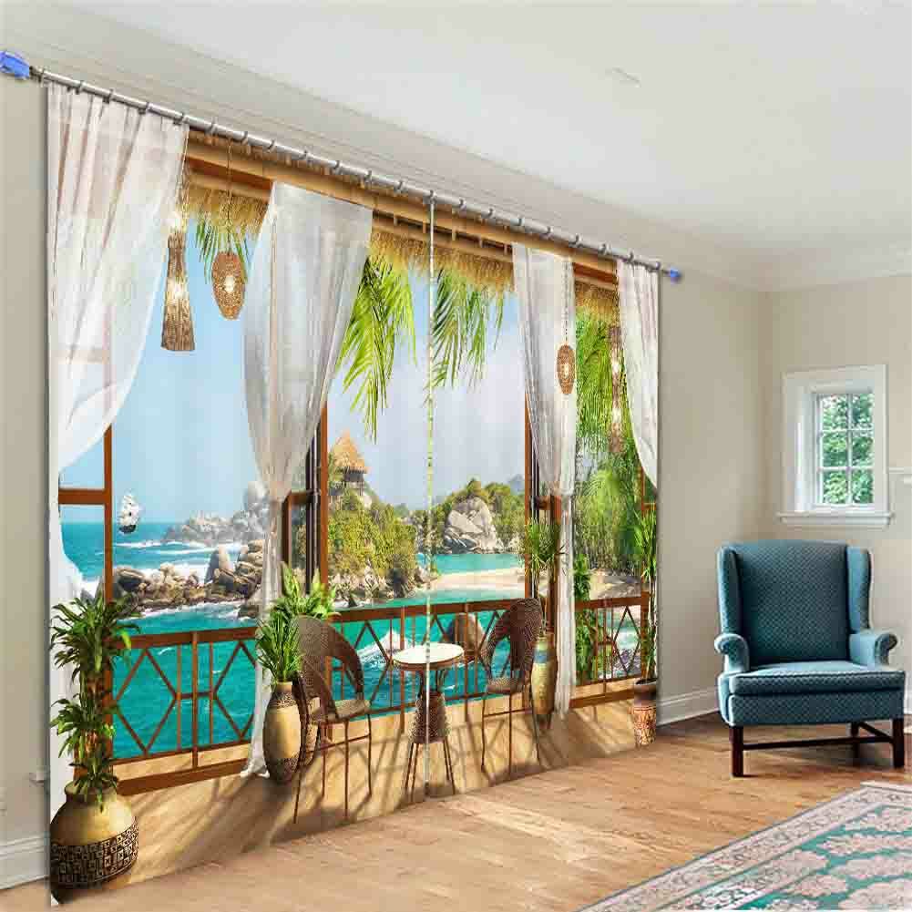 Blue Beach Pavilion 3D Curtain Blockout Photo Printing Curtains Drape Fabric