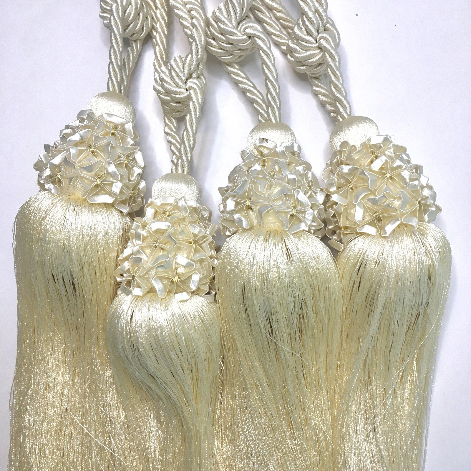 4 Large Drapery Curtain Tiebacks 11”Tassel 16”Rope Ivory Victorian Fairy Whimsy