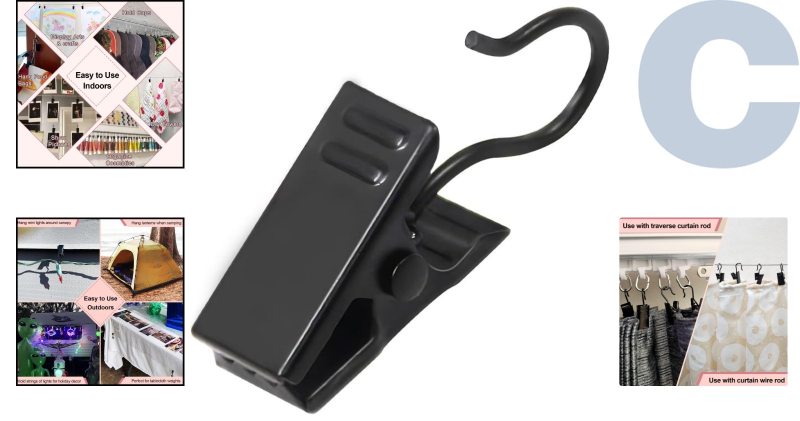 Elegant 60-Pack Black Curtain Clips – Durable Metal Hooks for Indoor/Outdoor Use