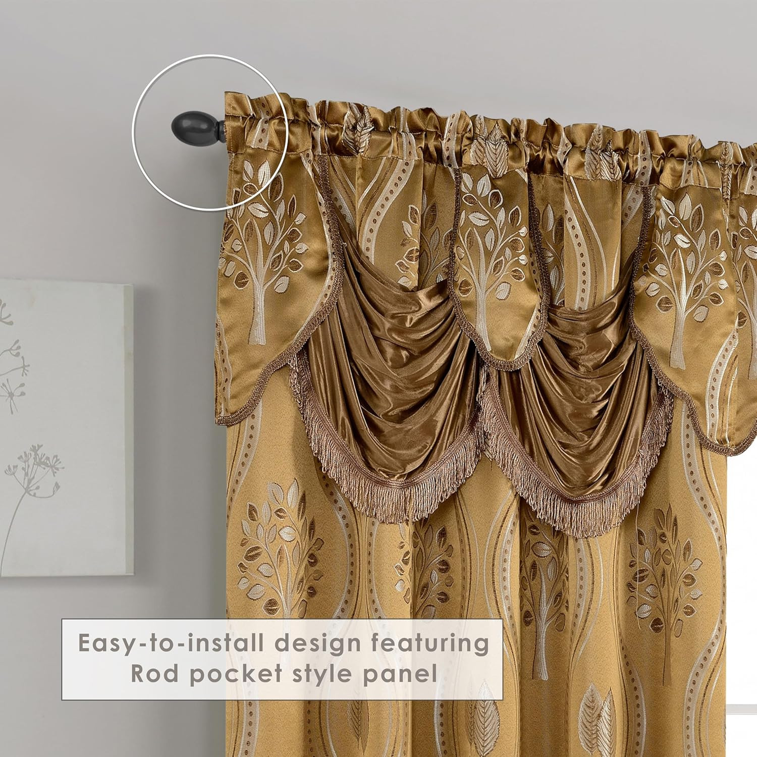 Aurora Jacquard Look Curtain Panel Set with Attached Valance 54″ X 84 Inch (Set