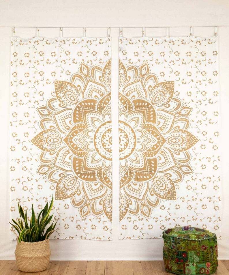Indian curtain lotus mandala white gold gardine ethno style with loop