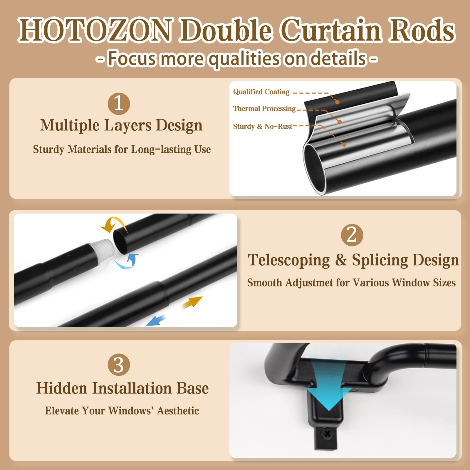 Blackout Double Curtain Rods for Windows 32 to 86 Inches, Black