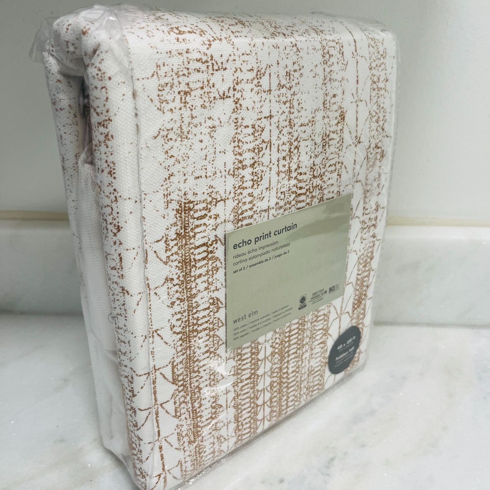 Brand New West Elm Set of 2 100% Cotton Echo Print 48x108in. Hidden Tab Curtains