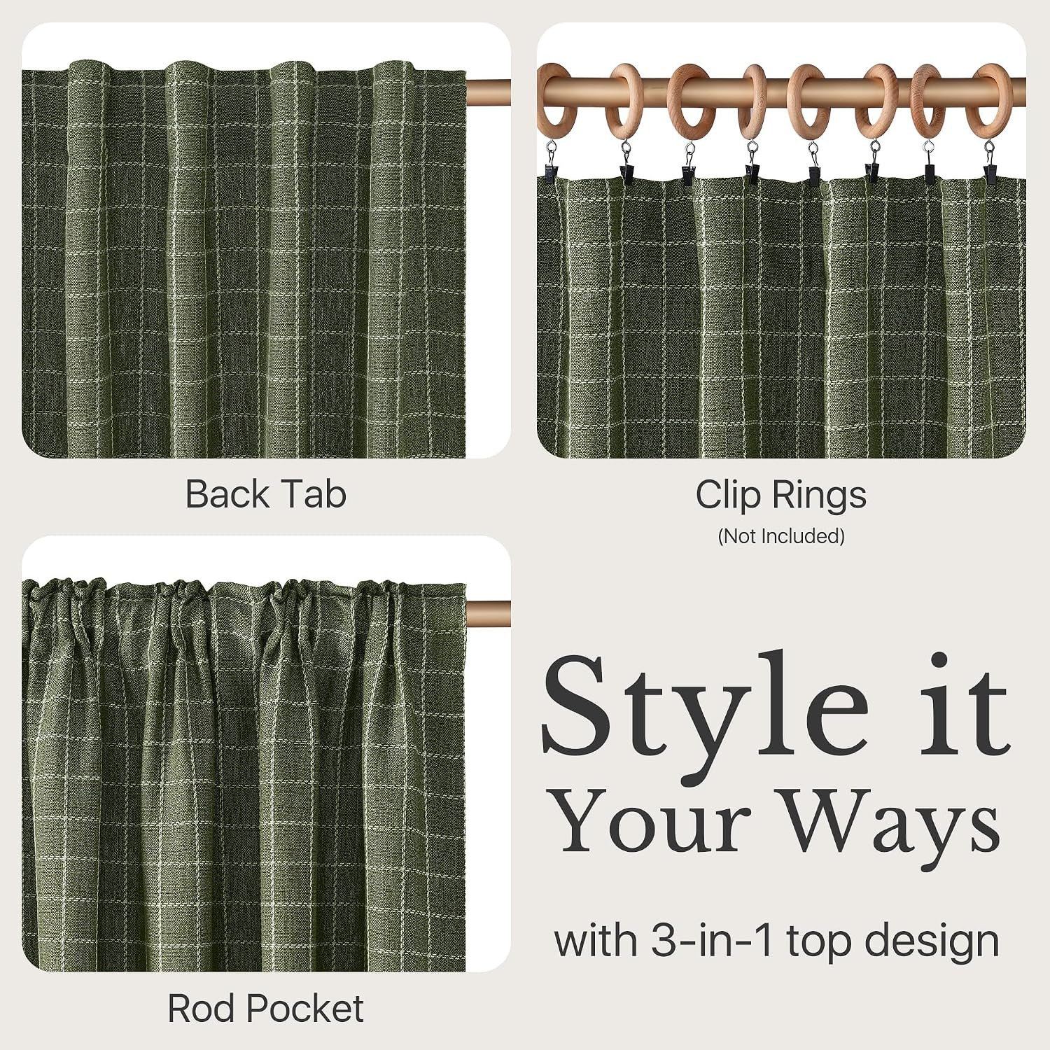 Olive Green Linen Plaid Bedroom Curtains, Rod Pocket & Back Tab Geometric Jacqua