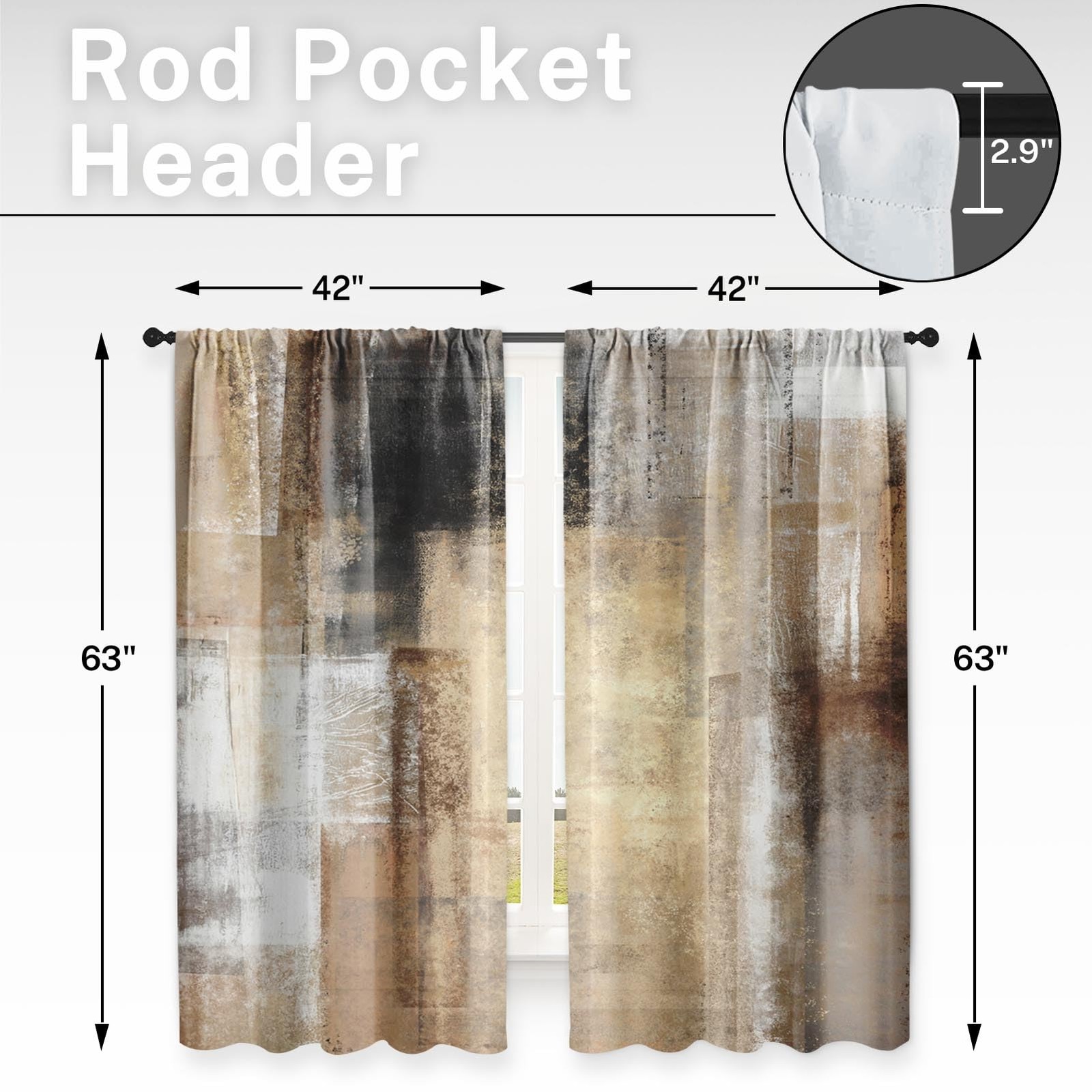 Brown Beige Painting Kitchen Curtains 63 Inch Length Grey Window Curtains Ove…