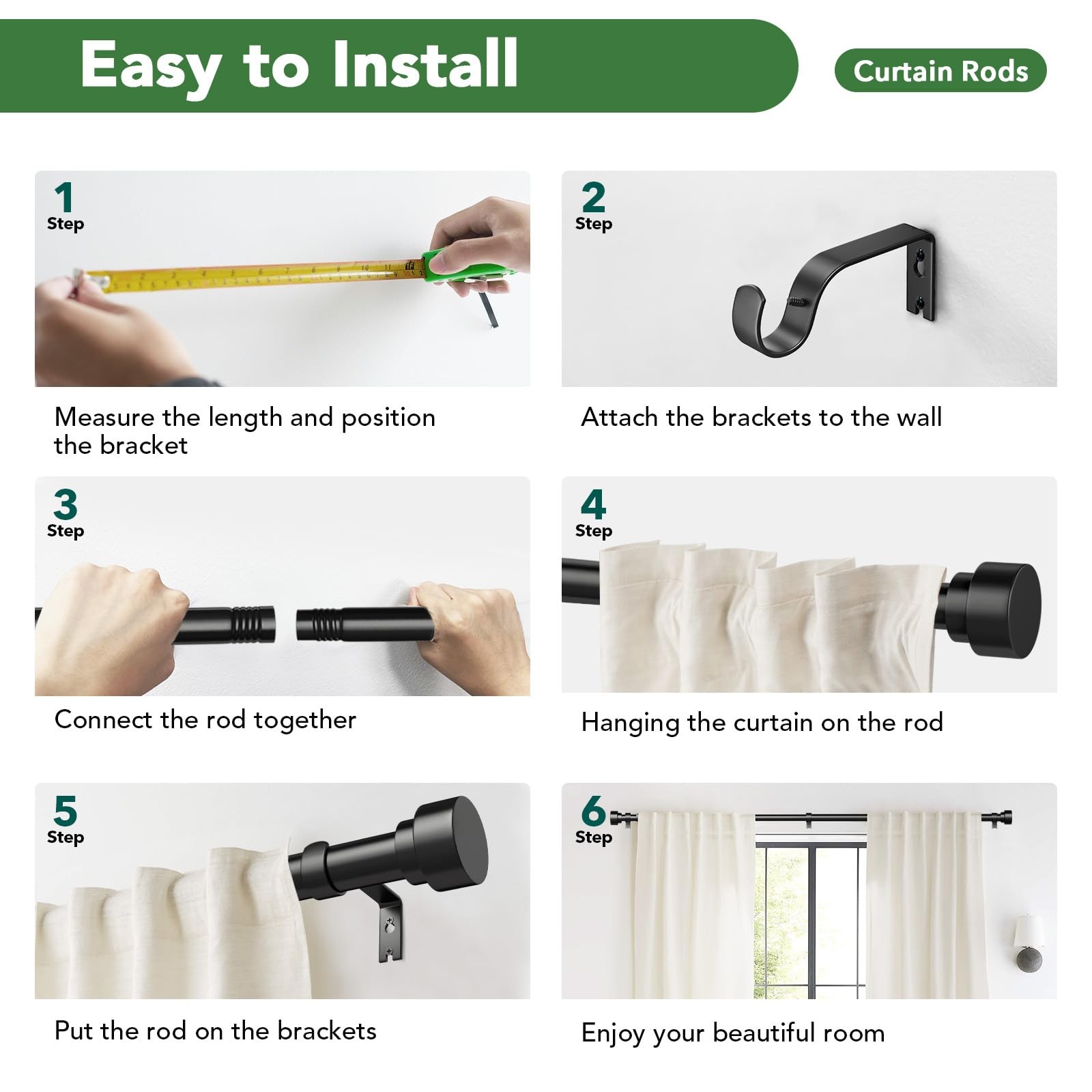Black Curtain Rods for Windows 32 to 120 Inch (2.6-10 Feet), 1 Inch Diameter …