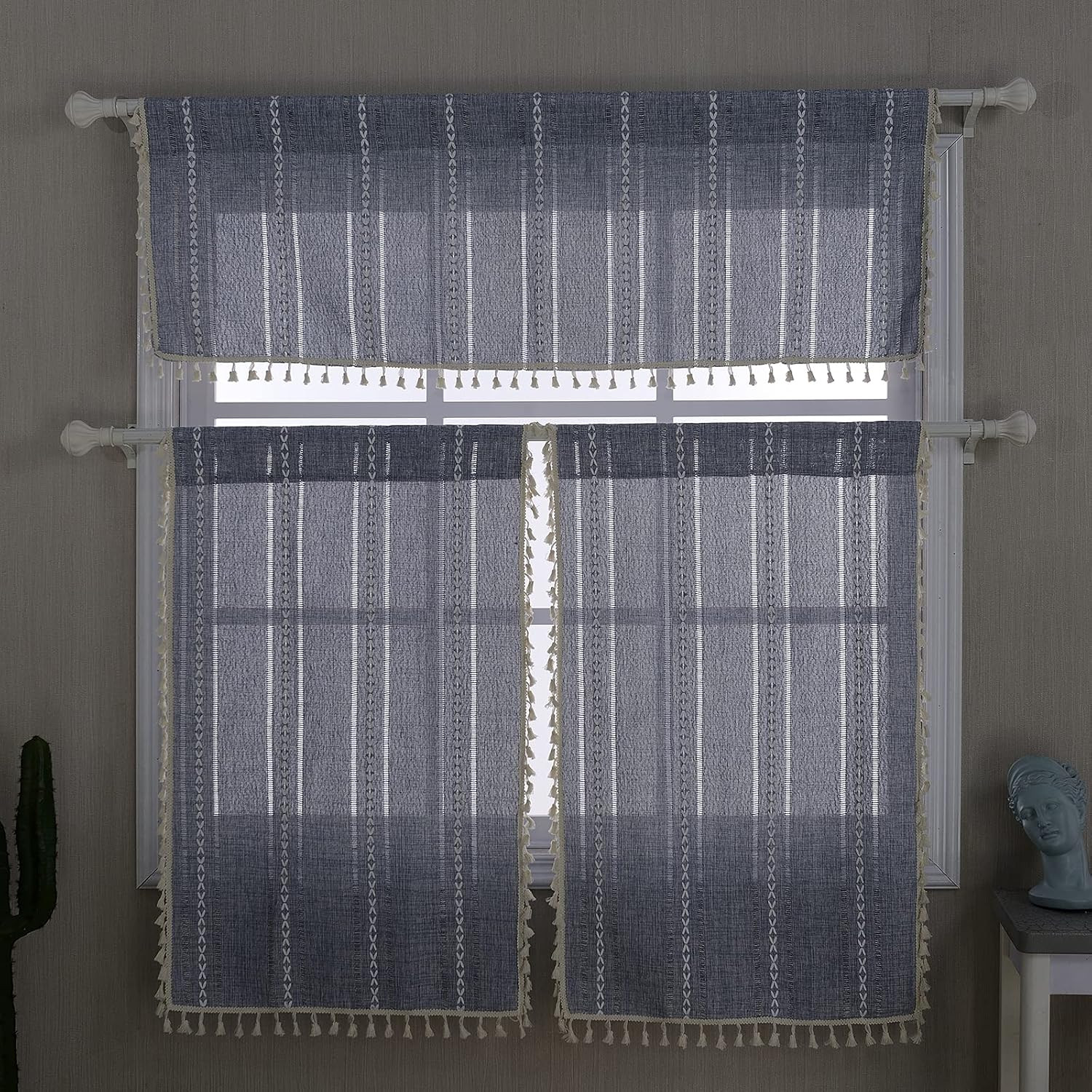 Boho Kitchen Valances for Windows Embroidered French Striped Farmhouse Vintage C