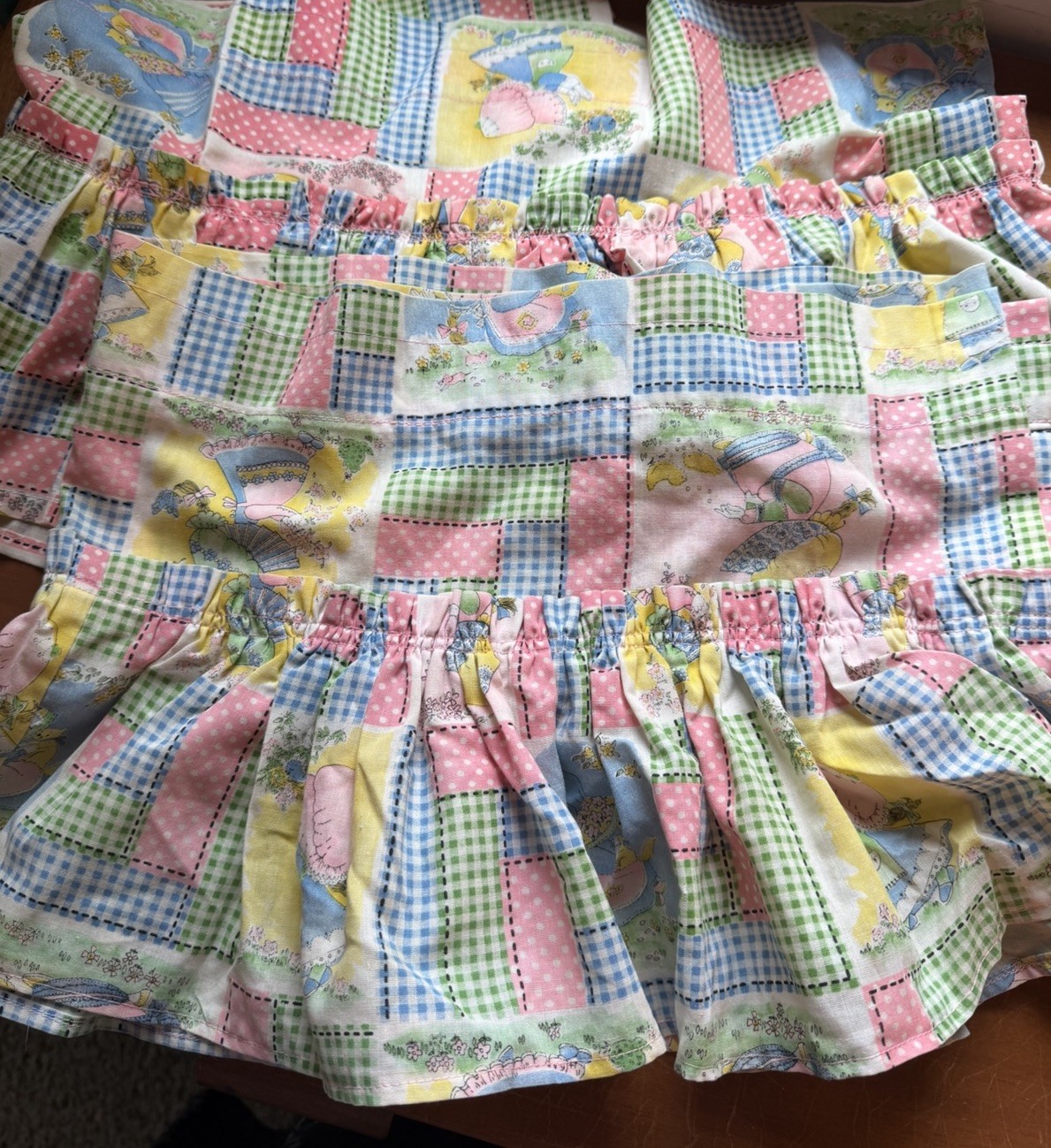 Vintage Handmade Holly Hobbie Patchwork Ruffled Window Valances Pair 63×11”
