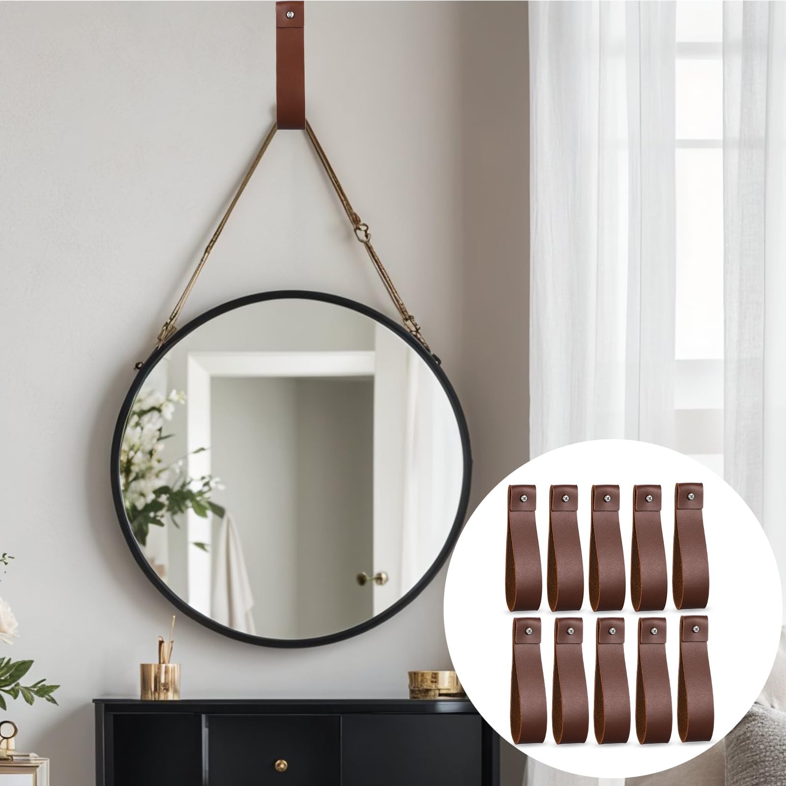 10pcs PU Leather Straps for Hanging Wall Hooks 1 x 4.7 Inches Curtain Rod Hol…