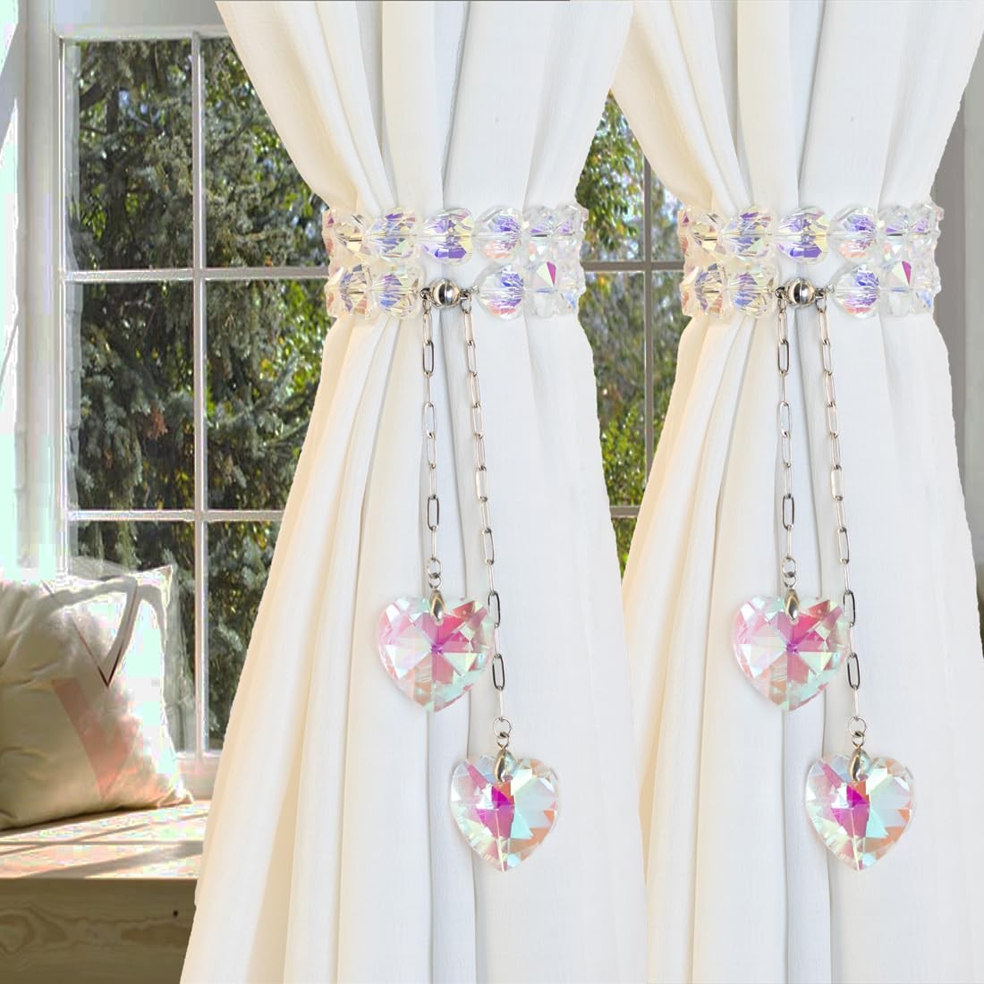 Magnetic Curtain Tiebacks, 2 Pack K9 Clear AB Color Crystal Prism Beaded Pend…