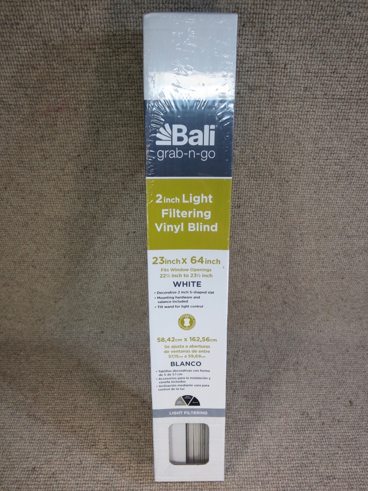 Bali Grab n Go 2″ Light Filtering Vinyl Blind Unopened NOS White 23″ x 64″