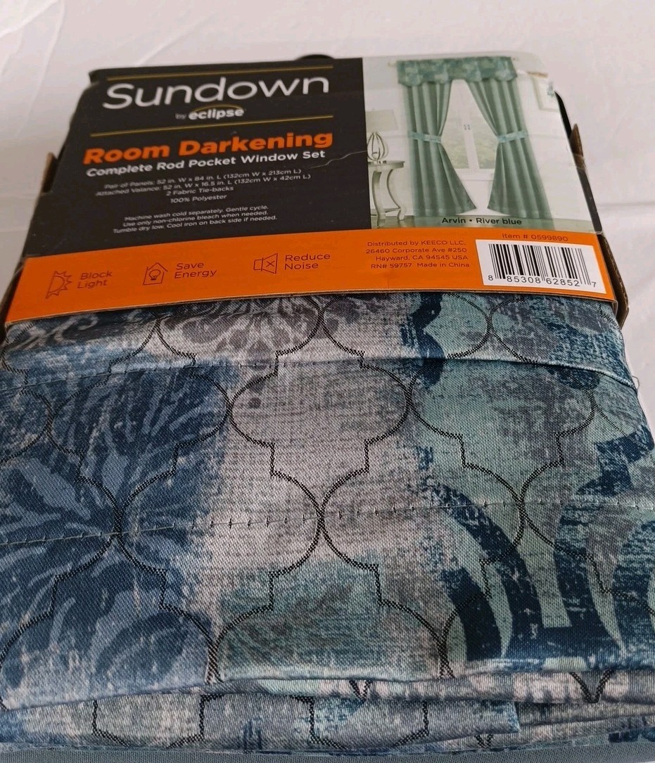 5 PC Sundown Eclipse Rm Darkening Rod Pocket Panel Pair 52x84in Arvin River Blue