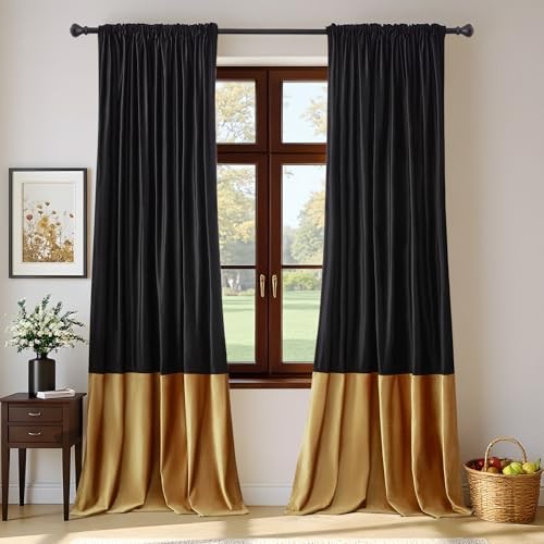 Velvet Curtains 96 inches Long for Living 52″W x 96″L (Pack of 2) Black & Gold