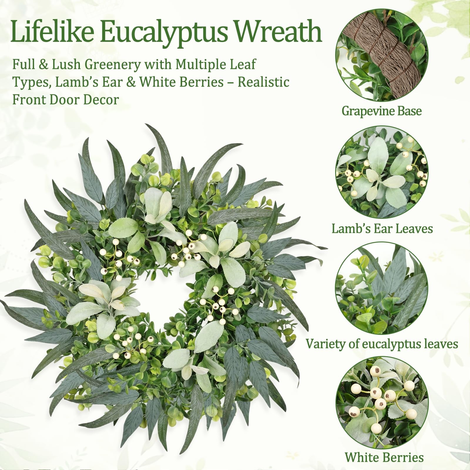 Zmtyykh Eucalyptus Wreath 22 Inch Spring for Front Door 22 inch, Green