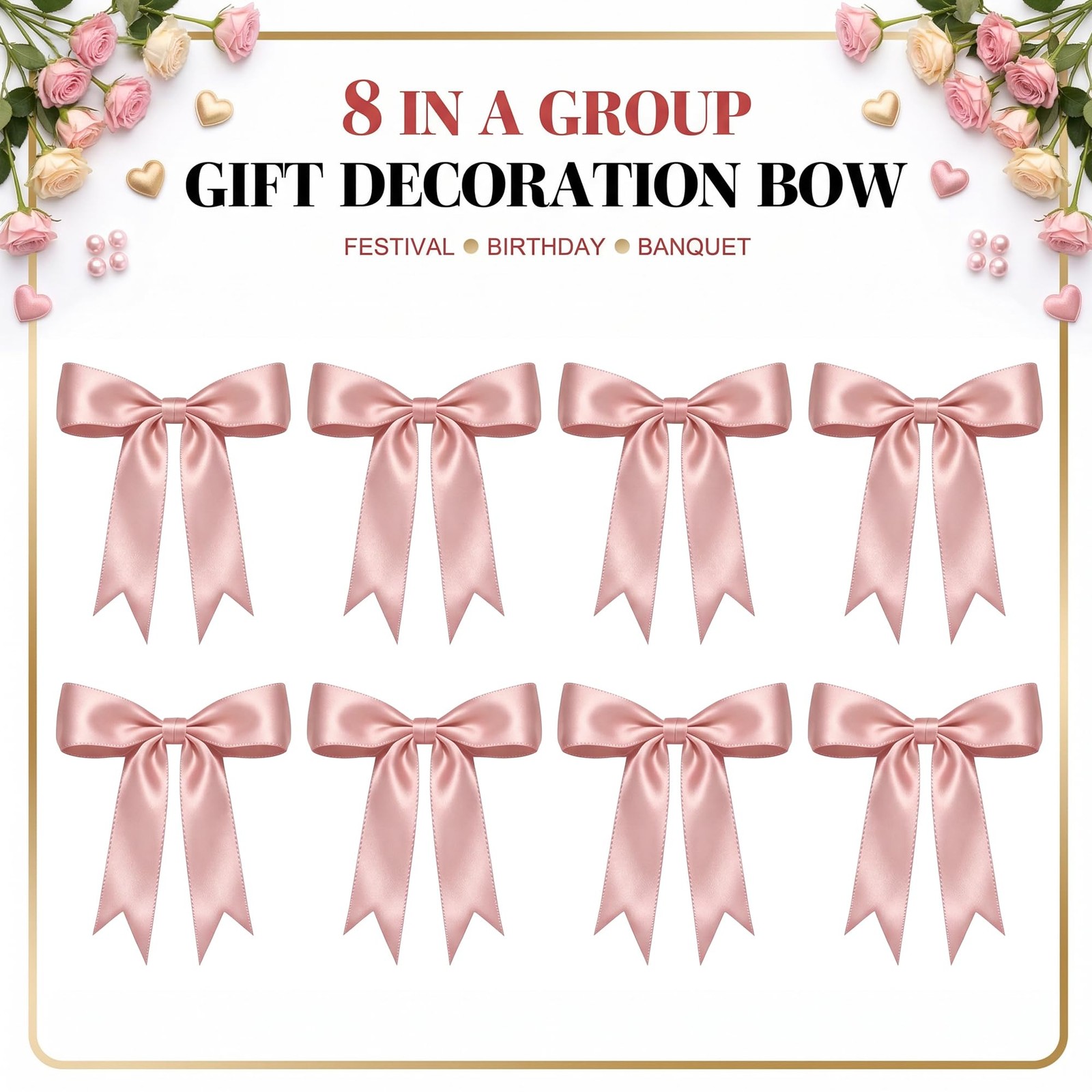 1 String Pink Bow Garland Banner Decorations, Pre-Strung Satin Ribbon Bows fo…