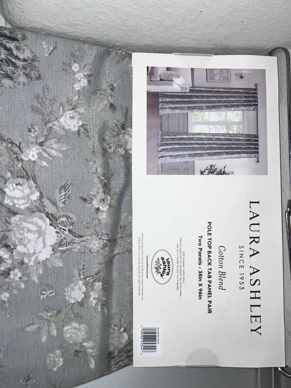 NWT LAURA ASHLEY GRAY PEACOCK AND FLORAL DESIGN CURTAINS/DRAPES SIZE 38”x 96”