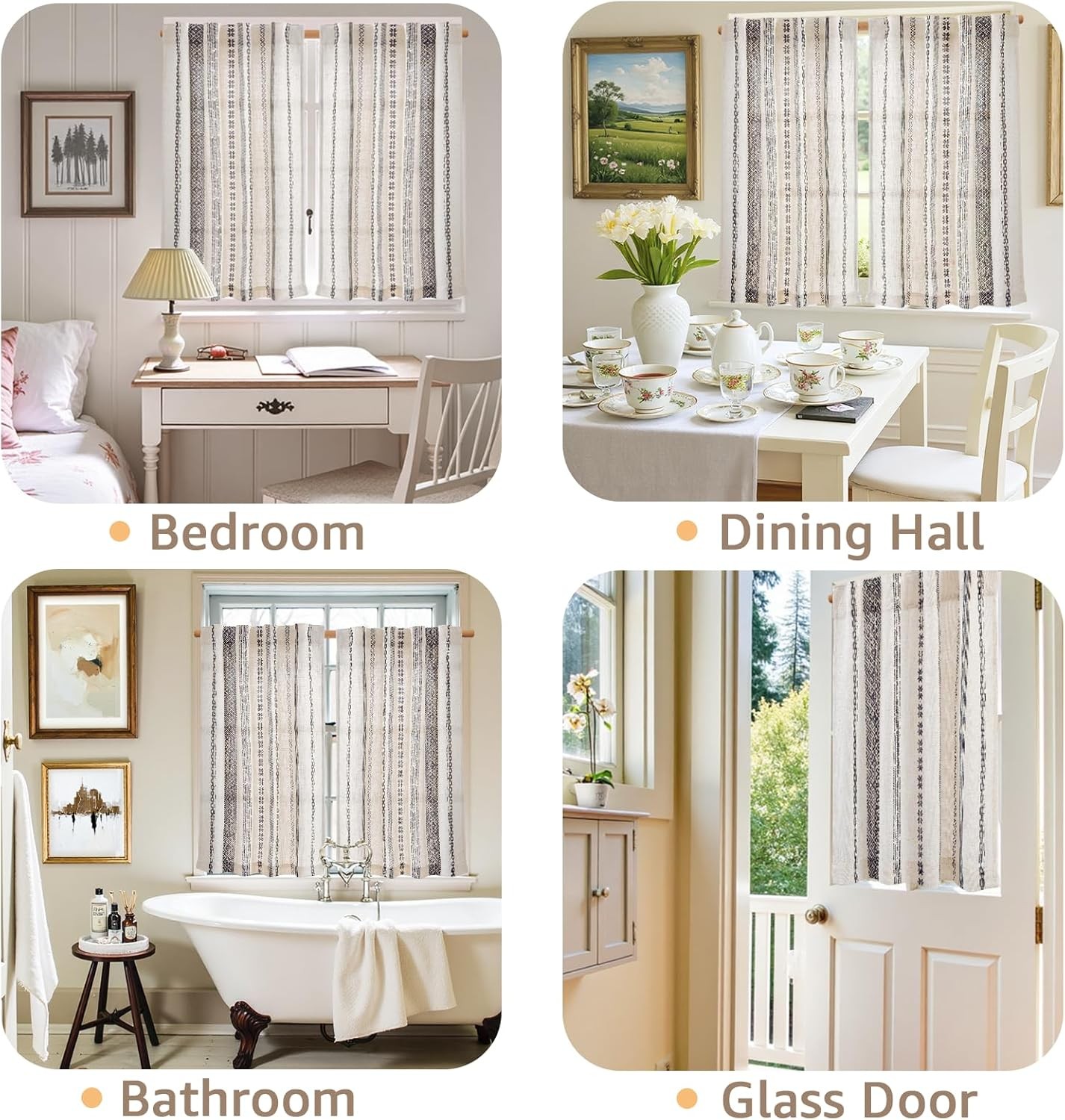 Boho Kitchen Curtains 36 Inch Linen Tier Curtains with Geometric Pattern