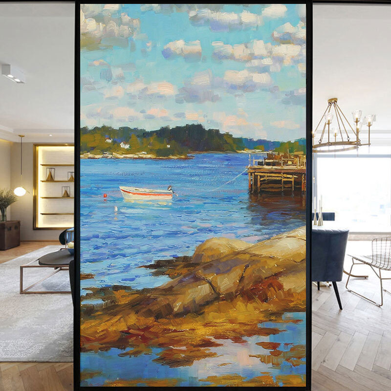 Village Retro Oil Painting Window Film Print Sticker Cling Stained Glass Decor