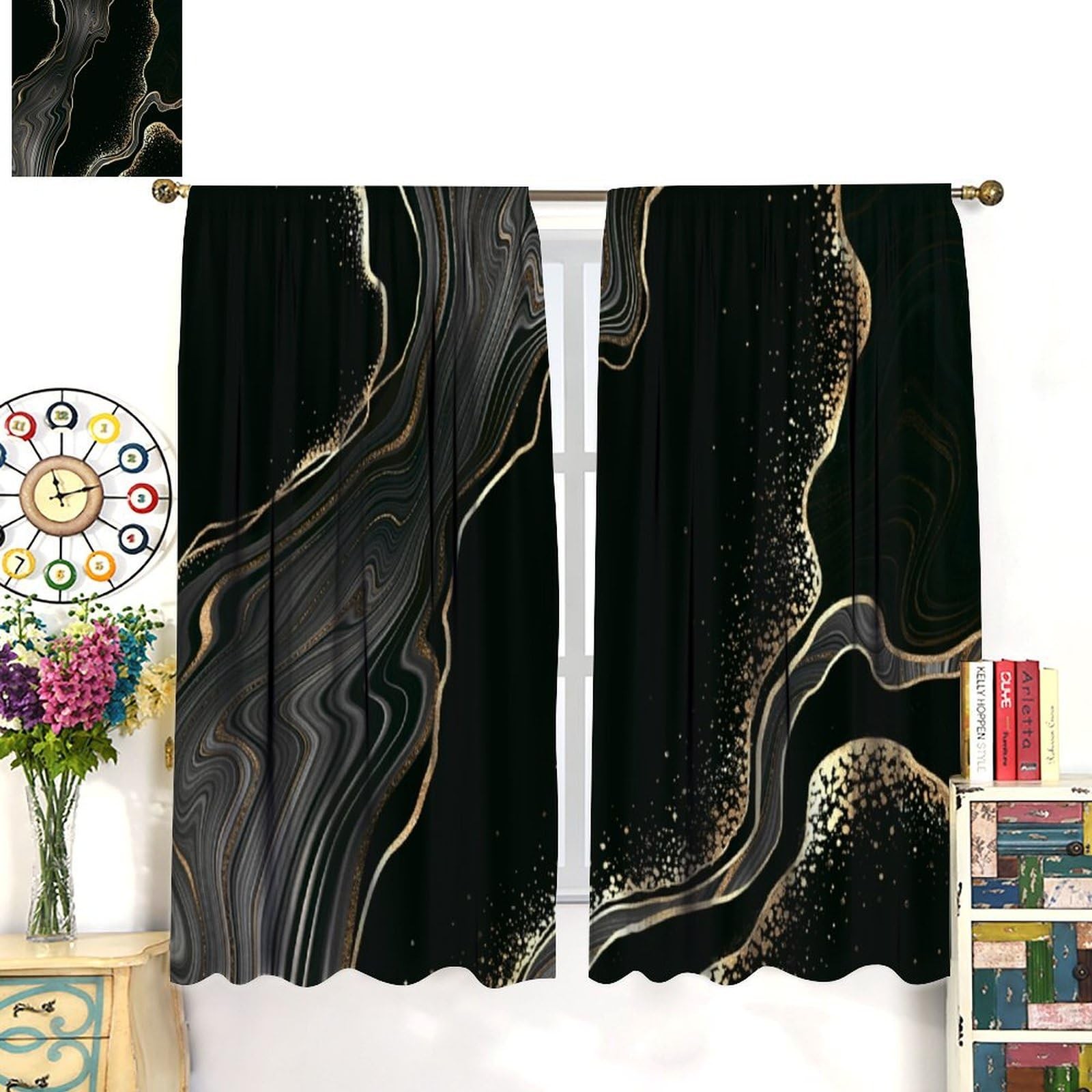 Marble Curtains for Bedroom,Modern Luxury Abstract Black Gold Ripple Art Wind