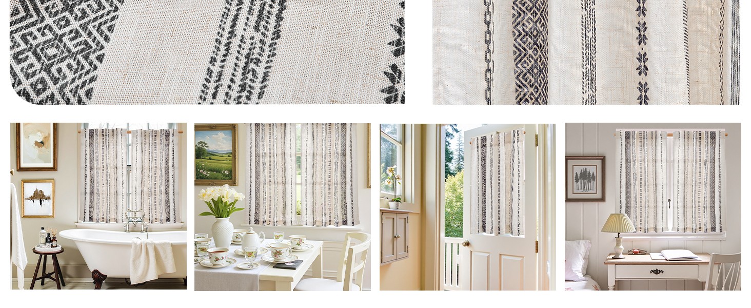 Boho Kitchen Curtains 36 Inch Linen Tier Curtains with Geometric Pattern