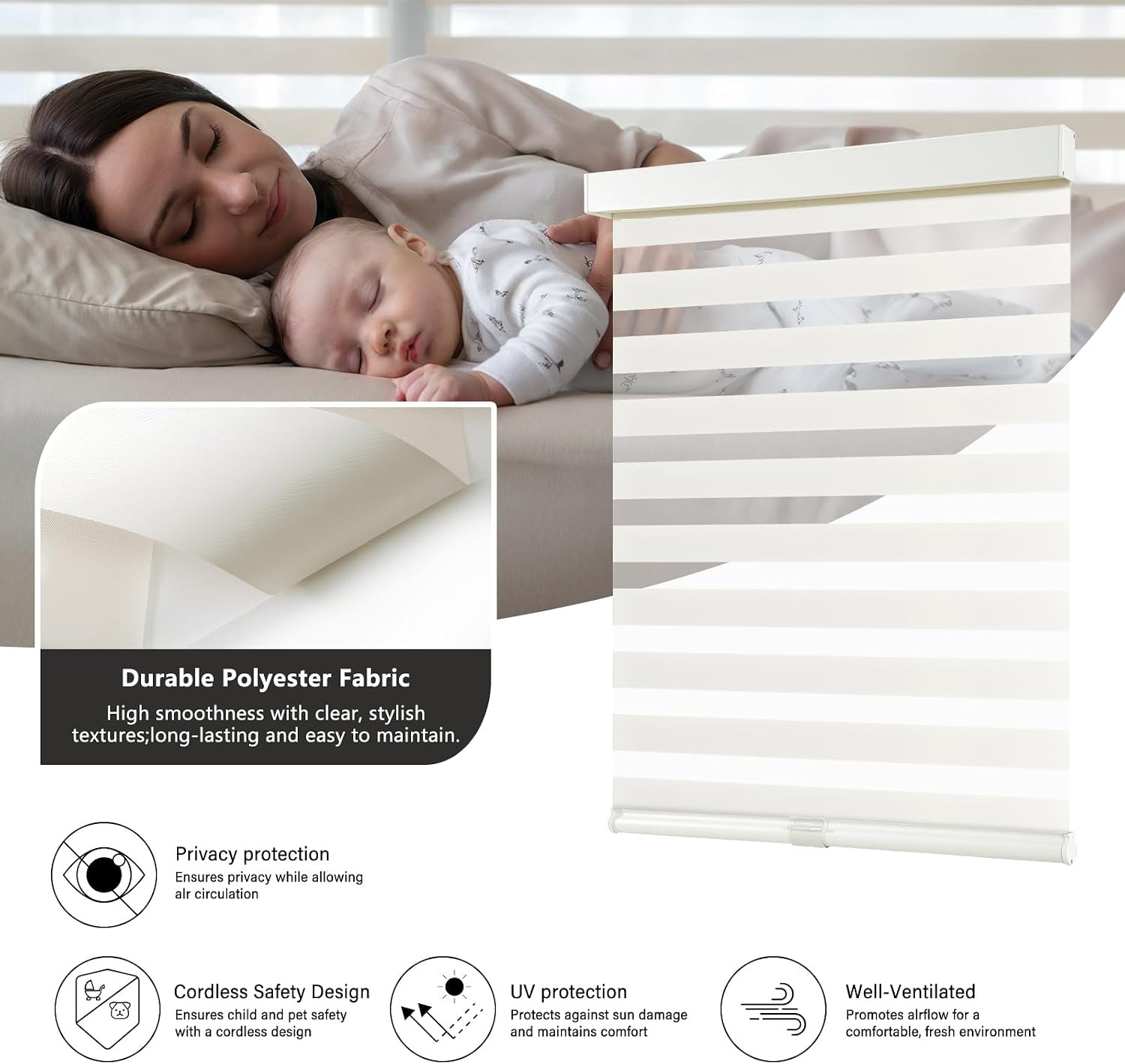 Cordless Zebra Blinds for Windows Pull down Roller Window Shades Dual Layer Ligh