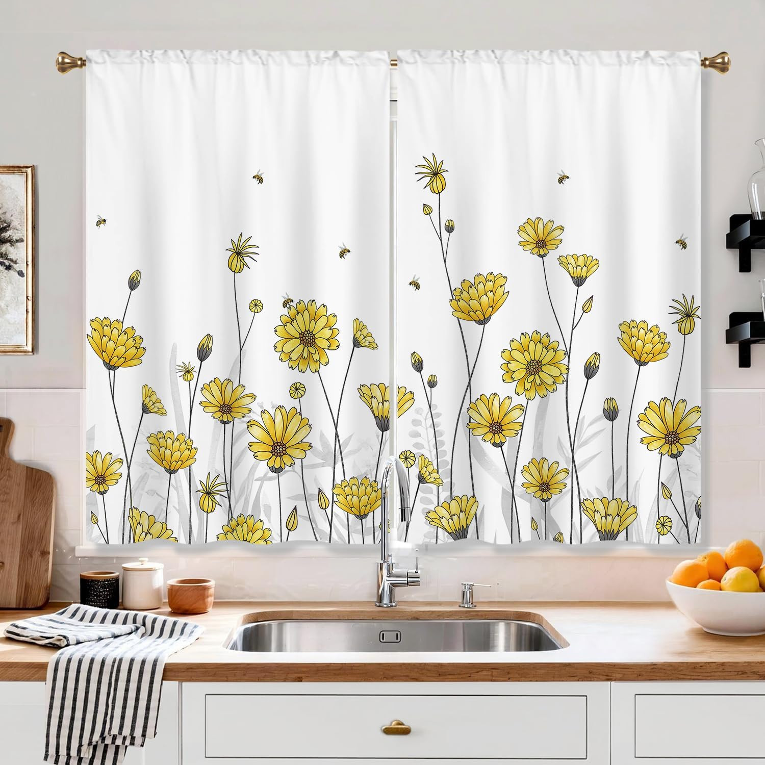 Kitchen Yellow Daisy Floral Curtains Honey Bee Rustic Flowers Women Element Leav