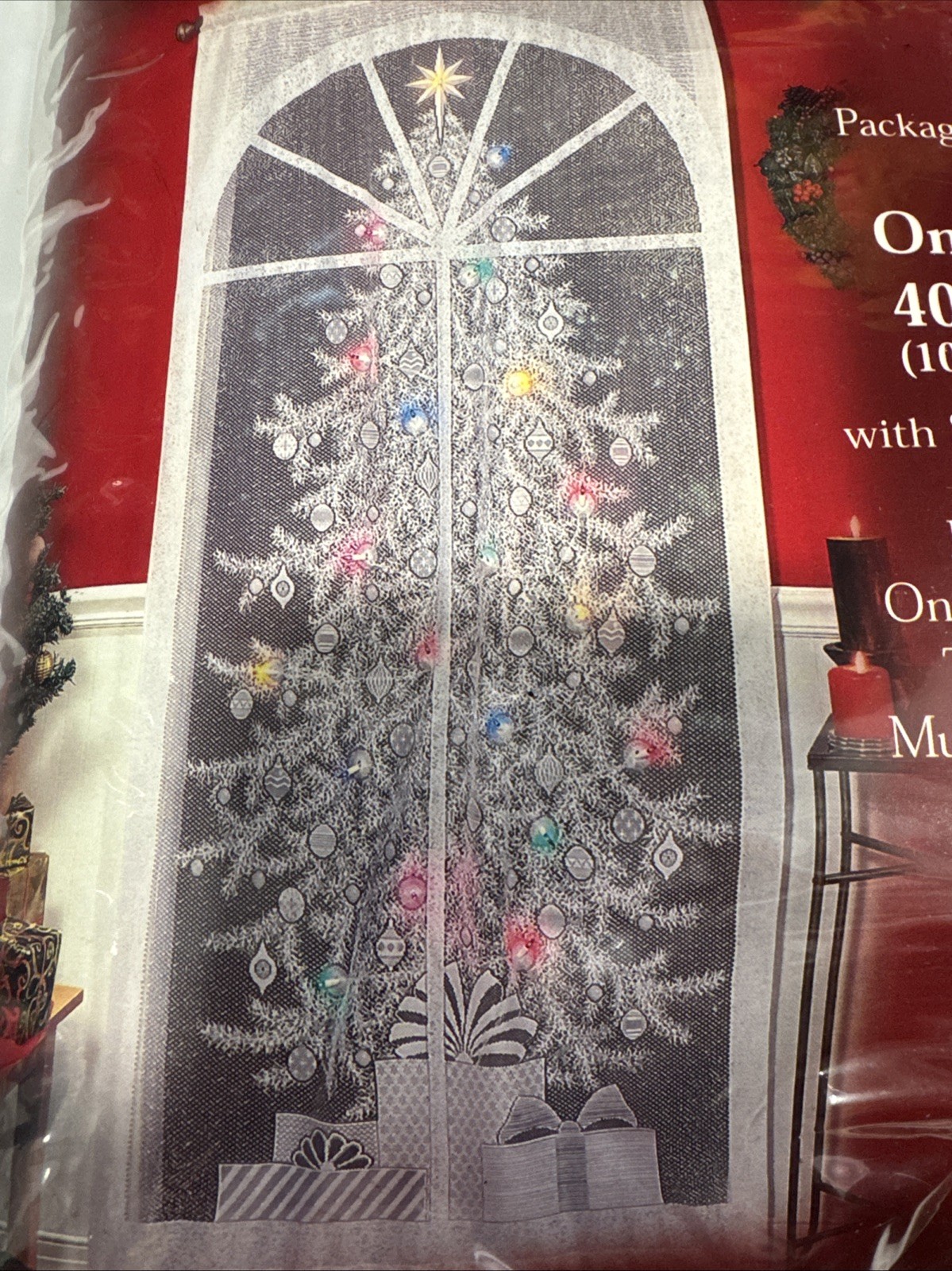 Christmas Tree Lace Curtain Panel 40″ x 84″ Quaker Lace 20 Light Kit Included