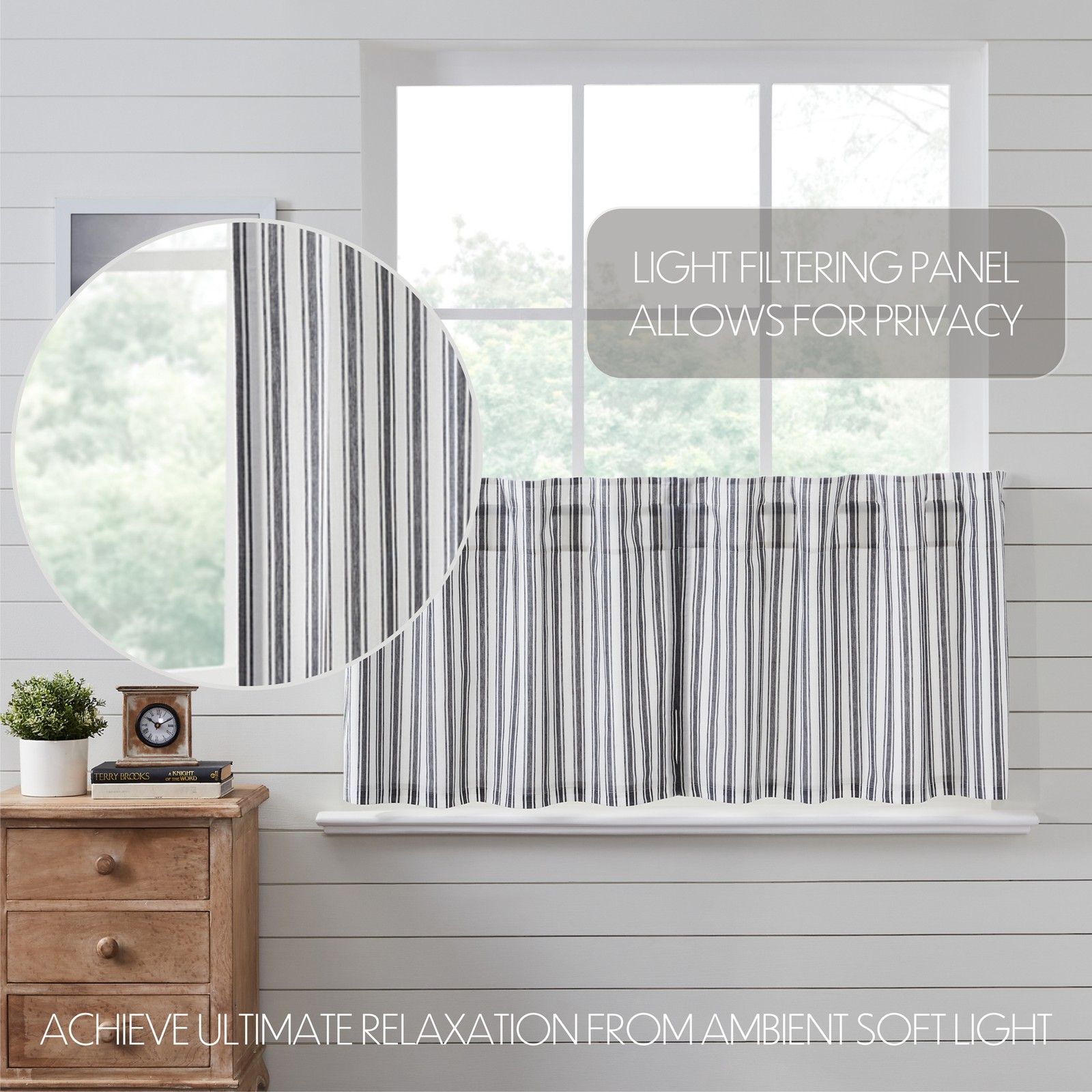 Farmhouse 24″x36″ Tier Pair Black Rod Pocket Kitchen Window Curtains VHC Brands