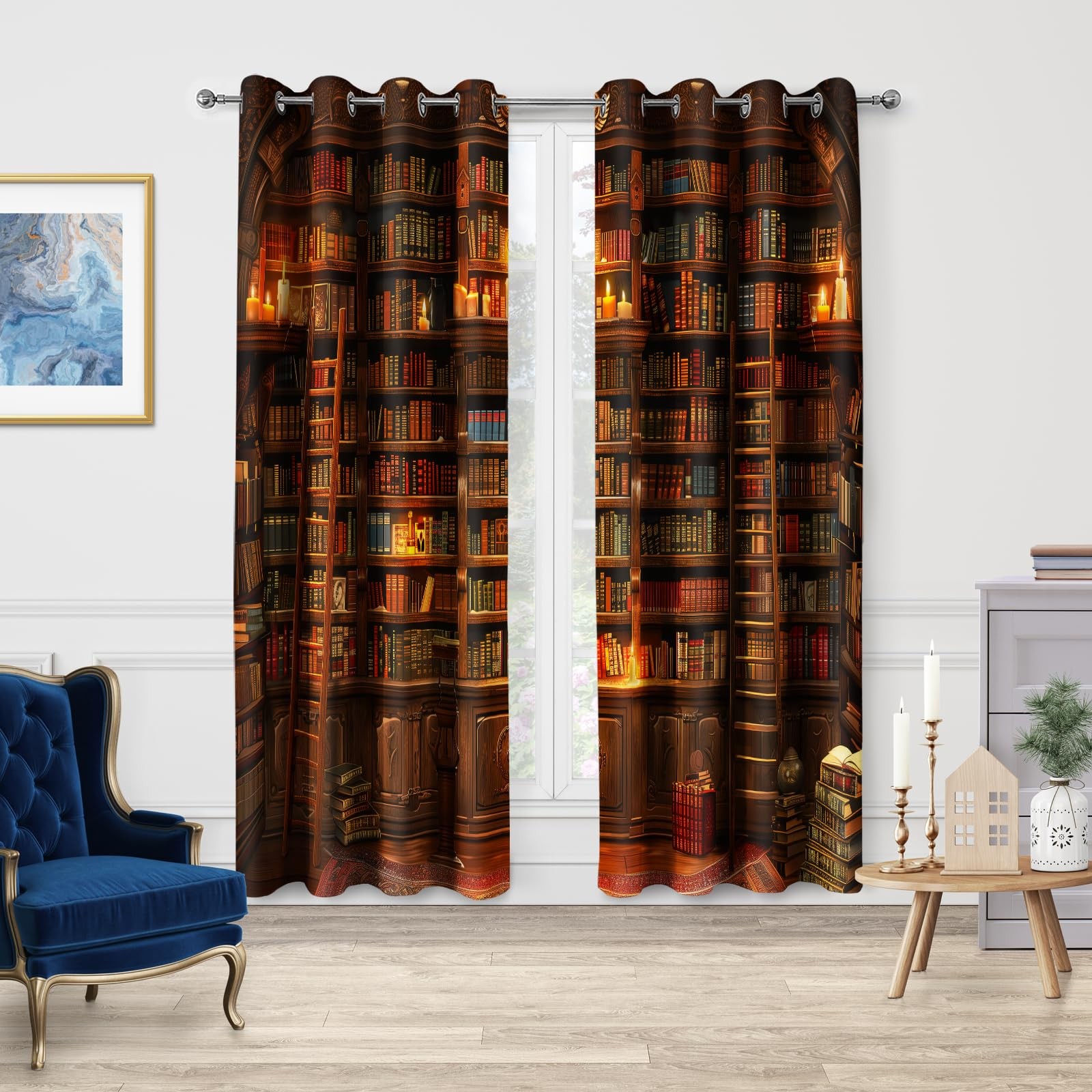 Vintage Bookshelf Blackout Curtains Library Books Bookcase Ladder Candle Deco…