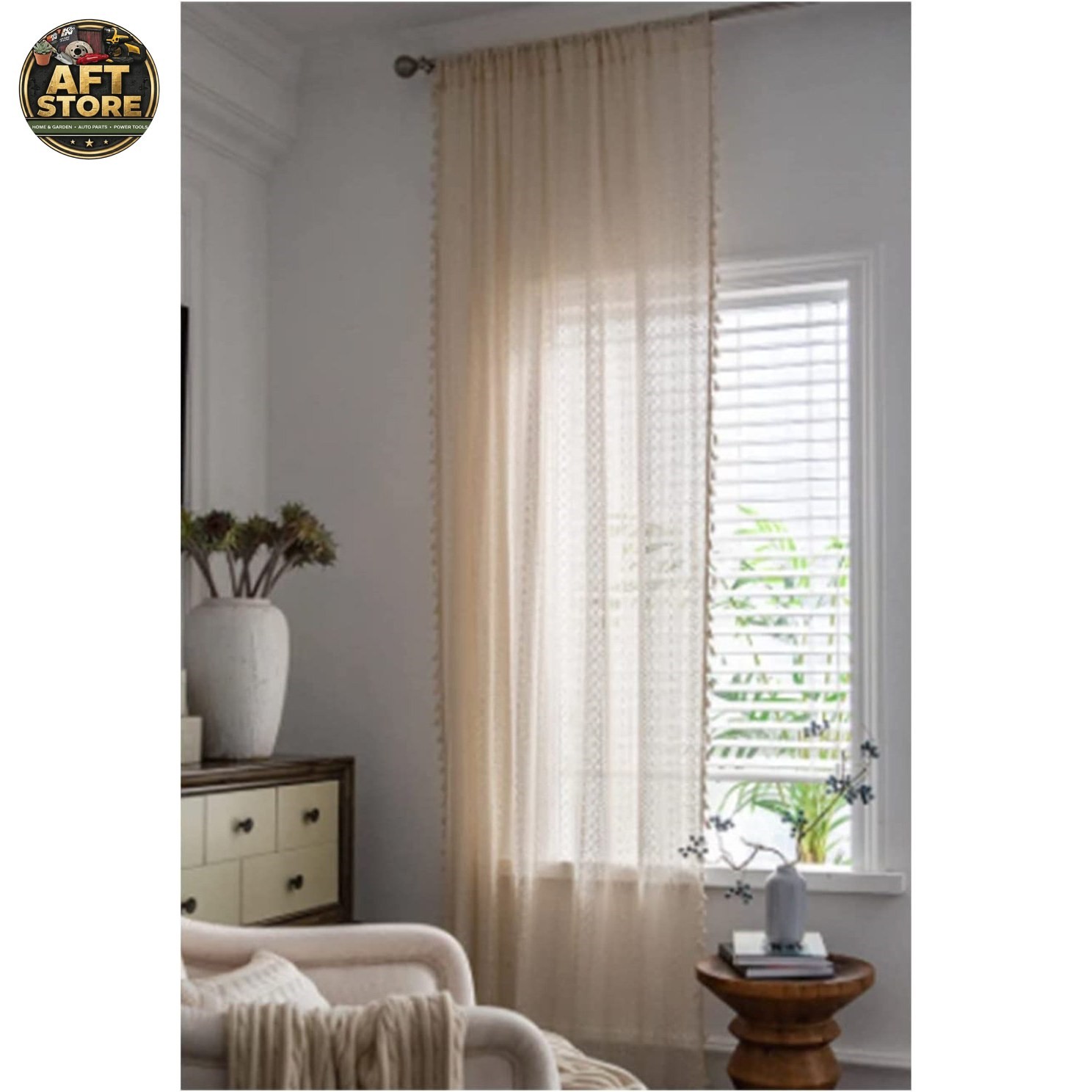 Bungalow Rose Mely Semi Sheer Curtain Pair – Beige Lace, 59″ x 63″