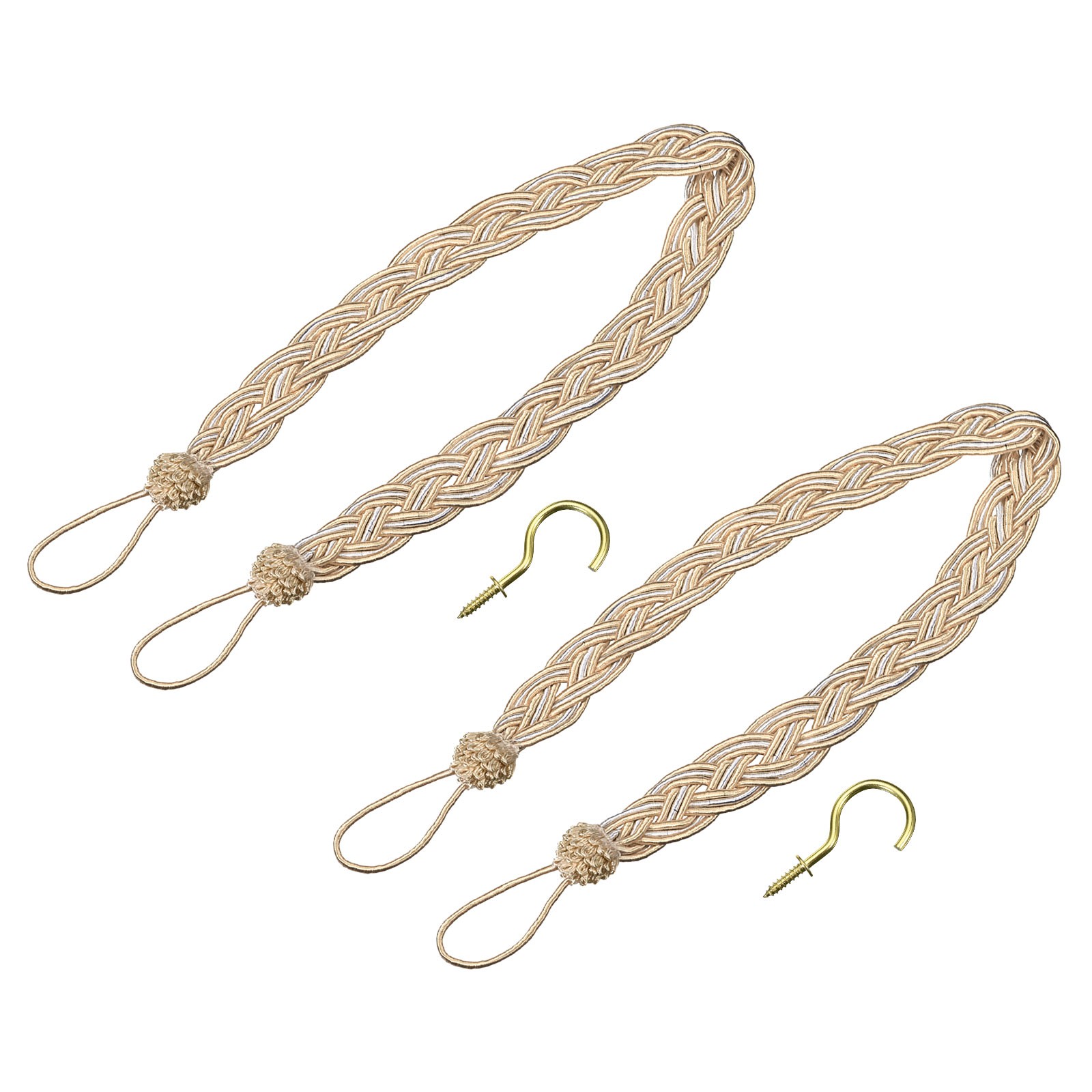 2Pcs 23″ Curtain Tiebacks Braid Drapery Holdback Holder with Hooks Taupe/Silver