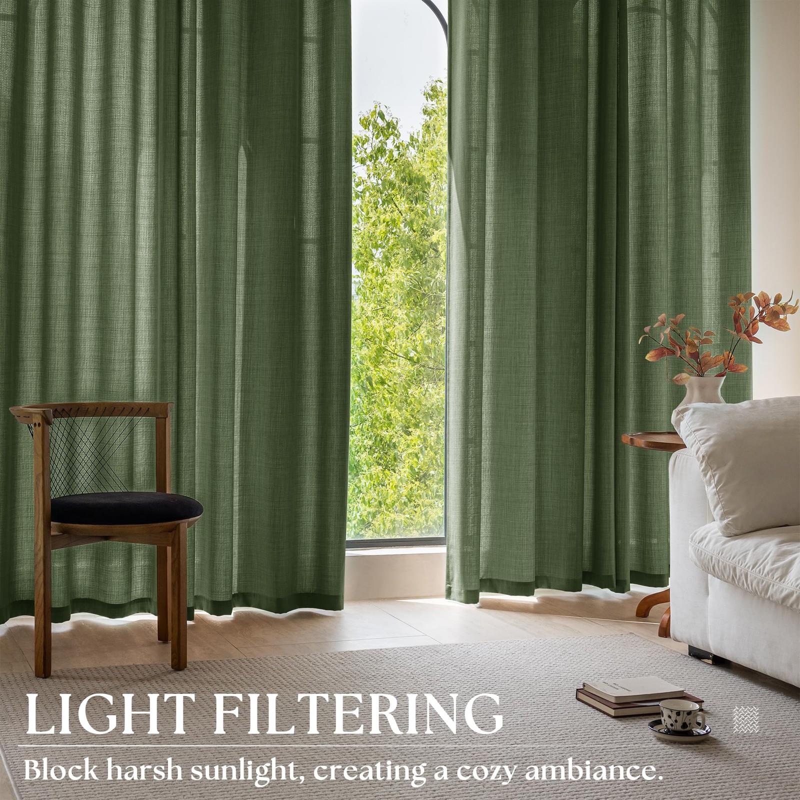 DUKIYO Dark Olive Green Curtains 84 Inch Length 2 Panels Set Linen Flax Semi …