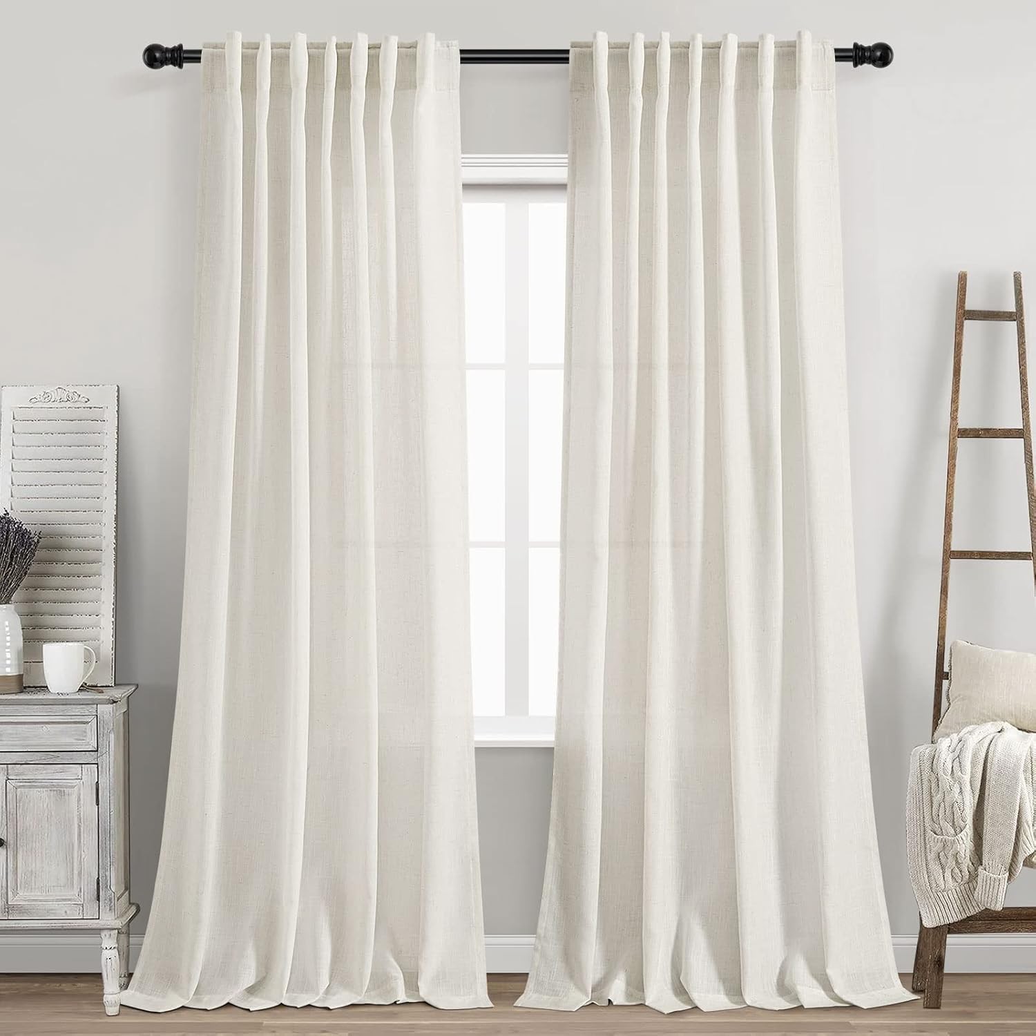 Cream Linen Back Tab Curtains 84Inch Length for Living Room 2 Panel Set Neutral