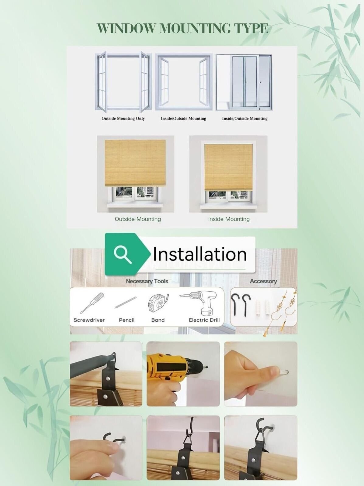 Cordless Bamboo Window Blind Sun Shade, Light Filtering Roller Shade