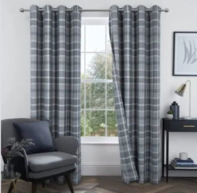 Always4U Pair Grey Tartan Plaid Curtains Woolen Look Modern Farmhouse 54Wx63L”