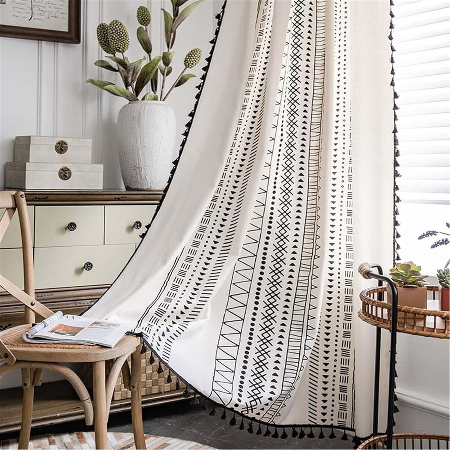 Bohemian Geometric Print Curtains 84” Long with Tassel – Cream & Black Elegance