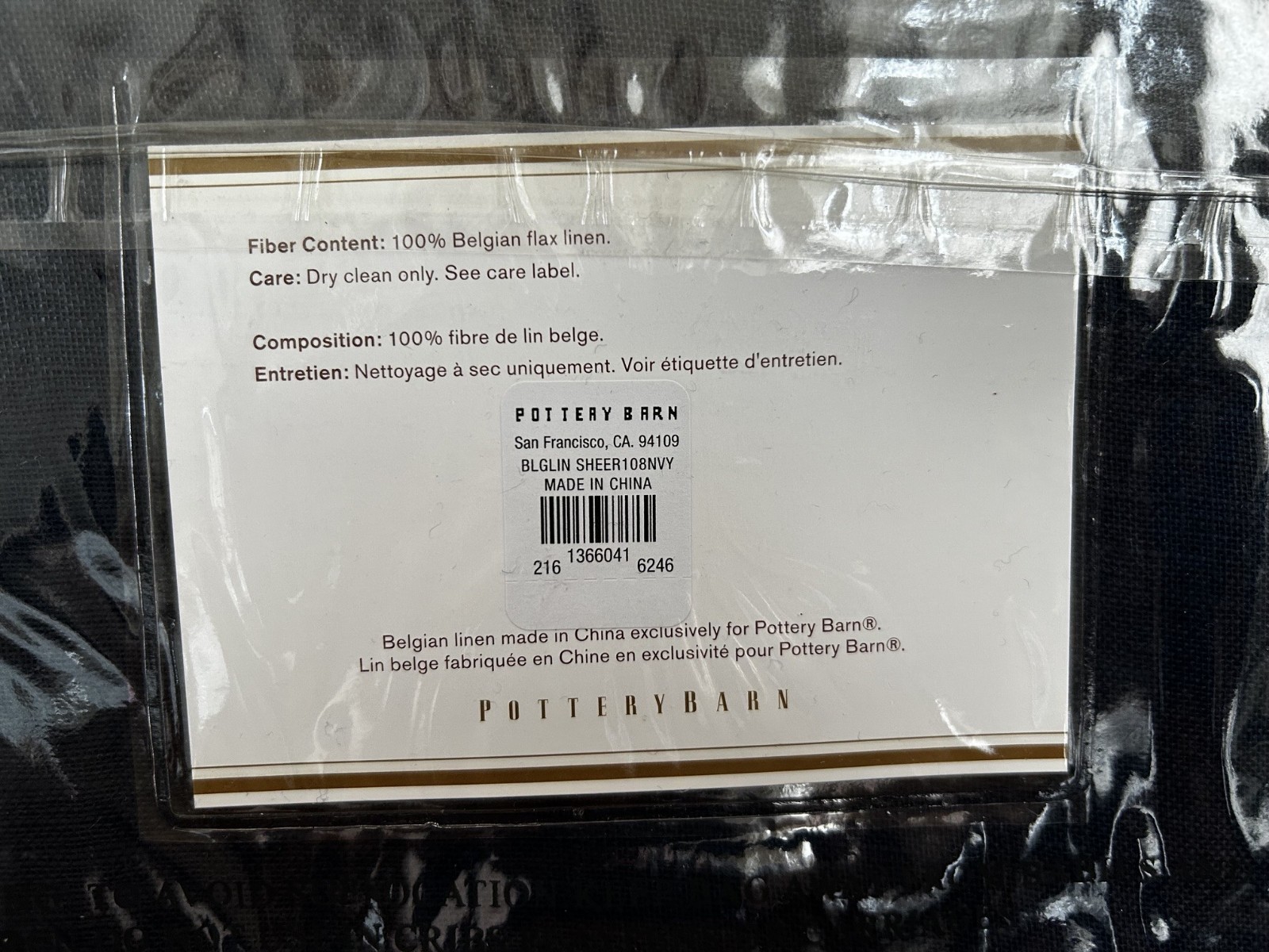 Pottery Barn Belgian Flax Linen Sheer Pole Top Drapery Panel Pair Navy 50 x 108