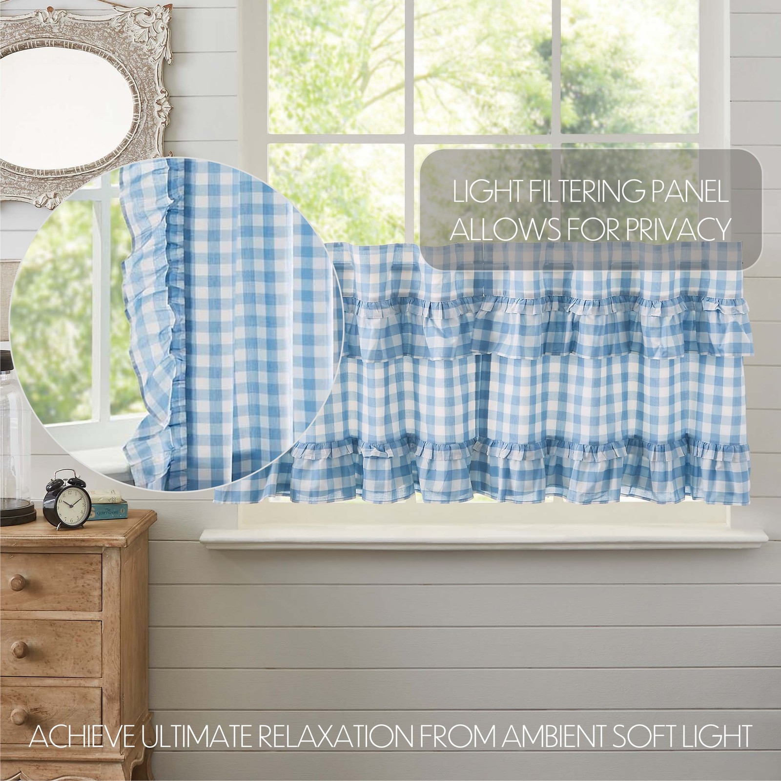Annie Buffalo Blue Ruffled Set (1 Valance 16×72 ; 2 Tier 24×36) VHC Brands