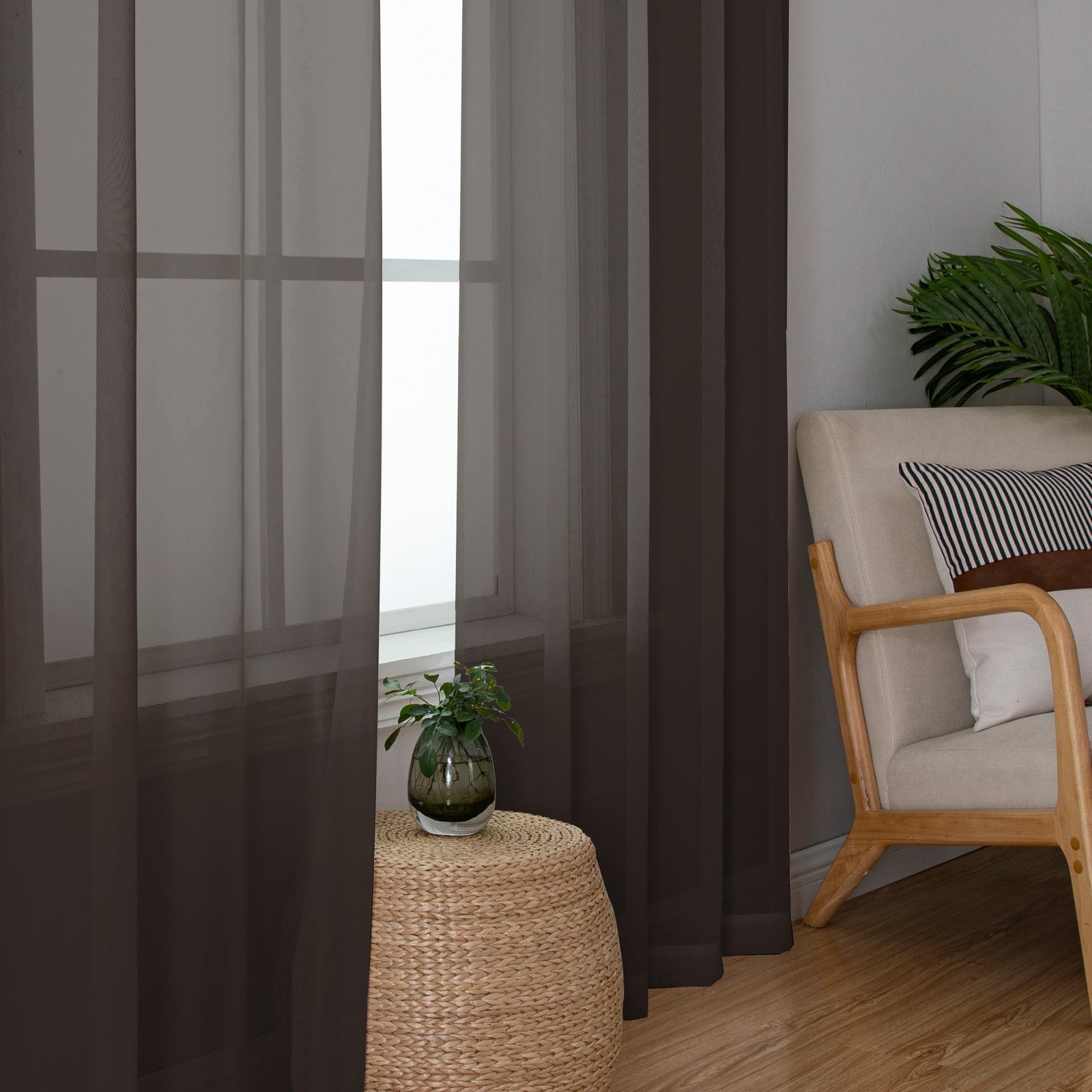 Chocolate Brown Sheer Curtains 54 Inch Long 2 Panels, Light Filtering Rod Poc…