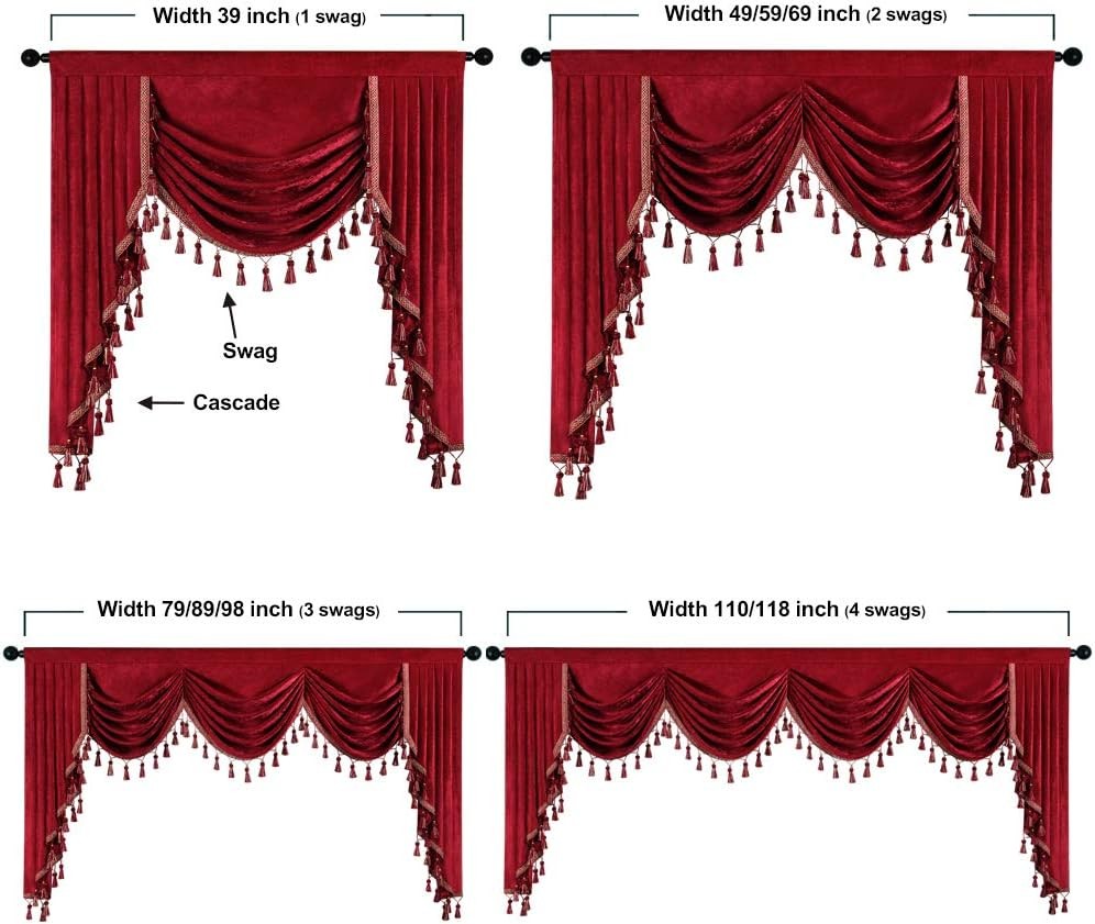 Thick Chenille Window Curtains Valance for Living Room with Tassels Burgundy Red