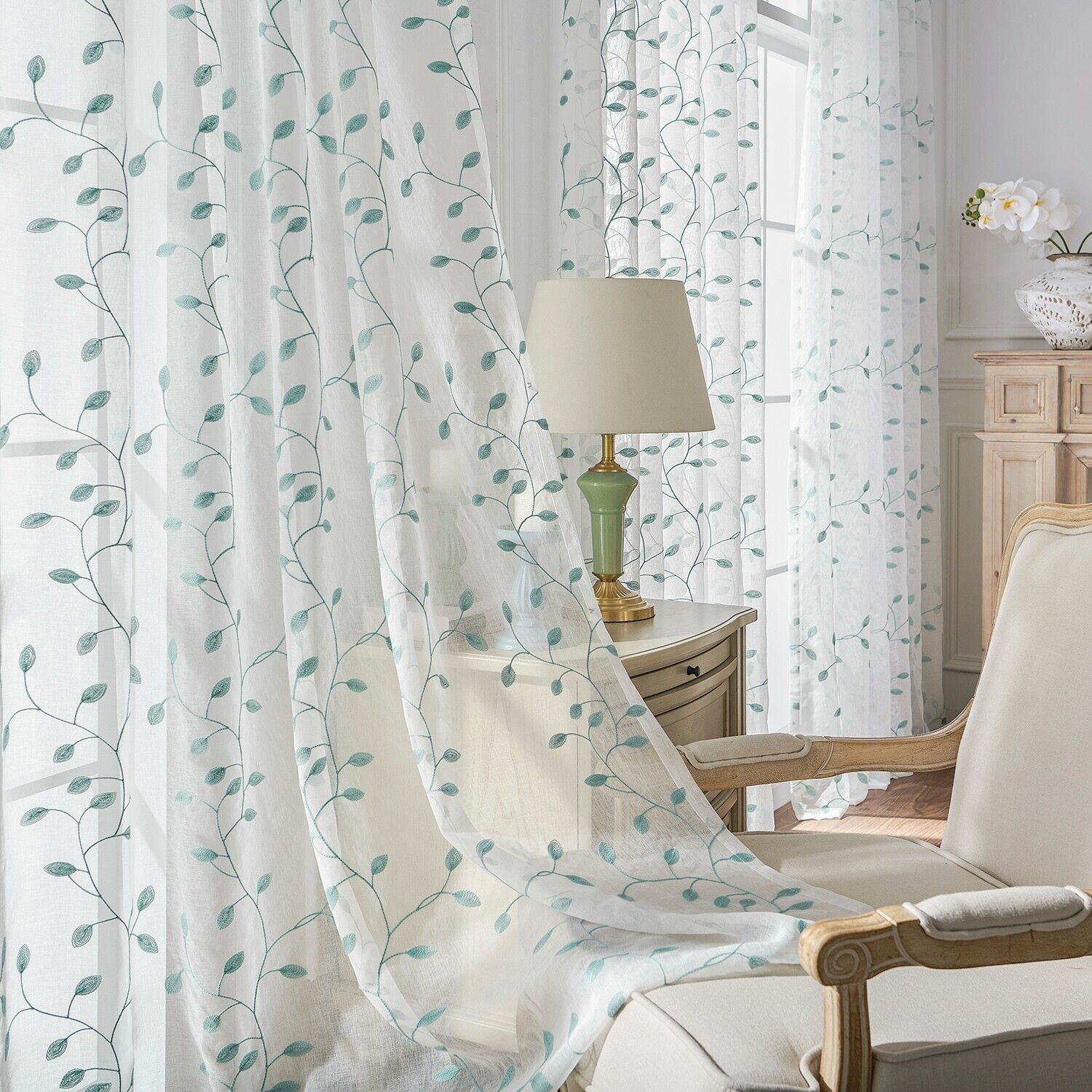 2 Panels Embroidered Leaves Semi Sheer Voile Window Curtains Drapes Living Room