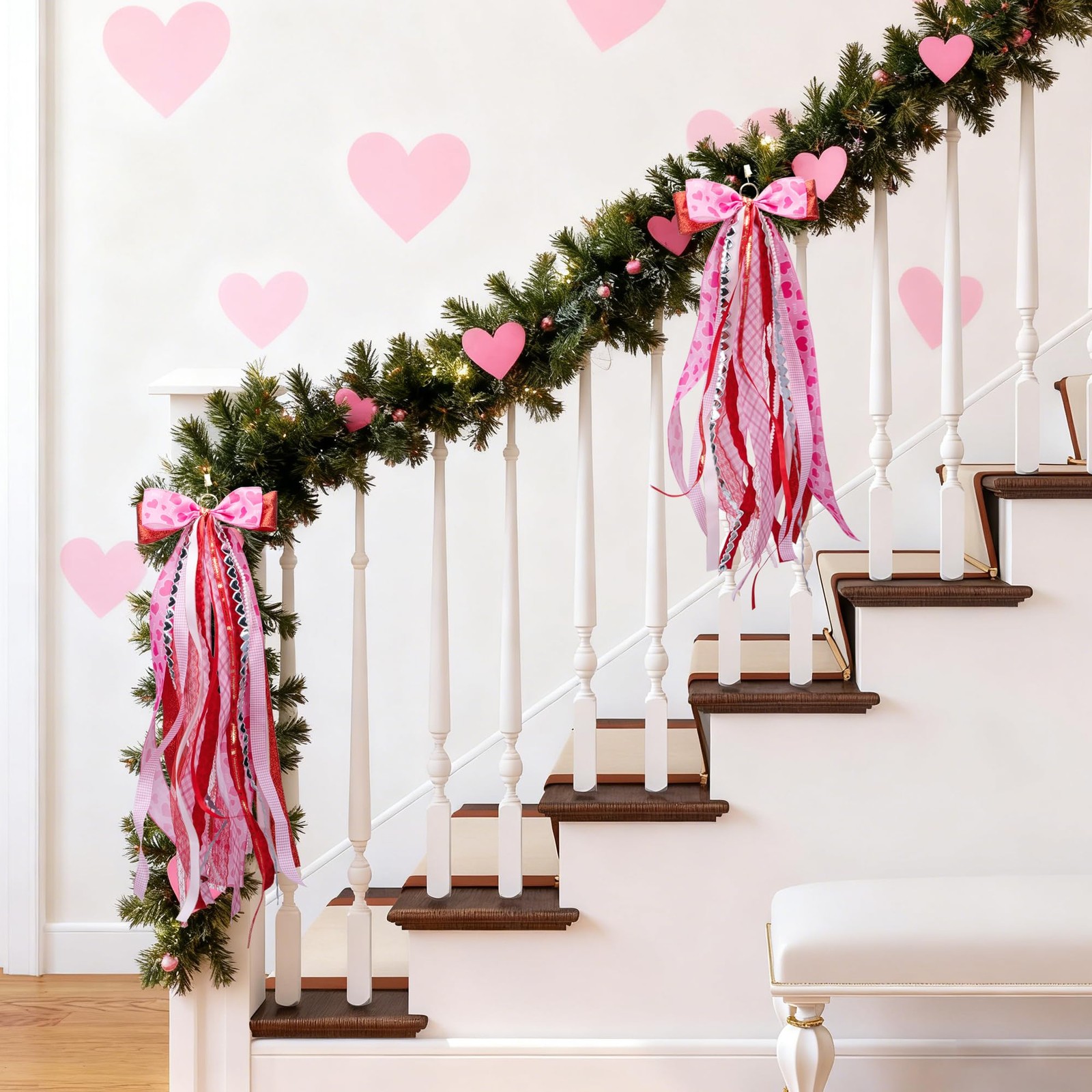 2 PCS Valentine Assorted Ribbon Bow Wreath 30×20 Inch Large Pink Sash Door
